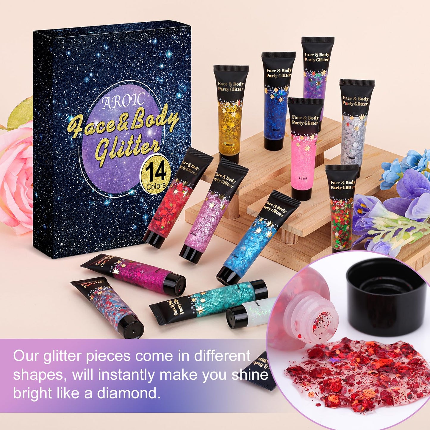 14 Colors Body Glitter,Face Glitter for Valentine’s Day,Hair Glitter,Makeup Section Glitter Gel,Daylight Glitter Gel for Body,Face,Hair, Eyeshadow,Glitter for Festival,Party,Face and Body Glitter Gel