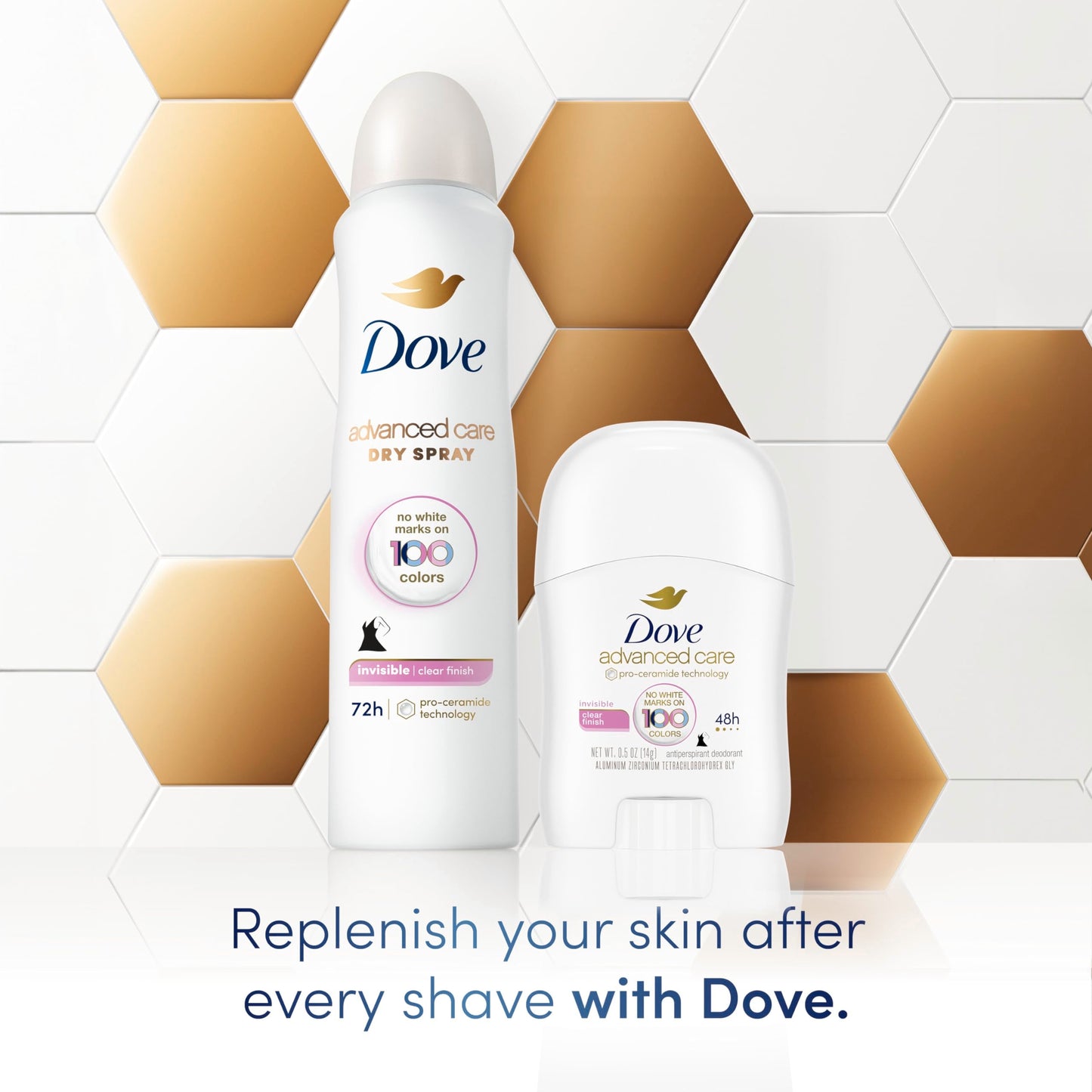 Dove Advanced Care Antiperspirant Deodorant Stick Clear Finish Pack of 36 doesn’t stain clothes 72-hour odor control and all-day sweat protection with Pro-Ceramide Technology 0.5 oz