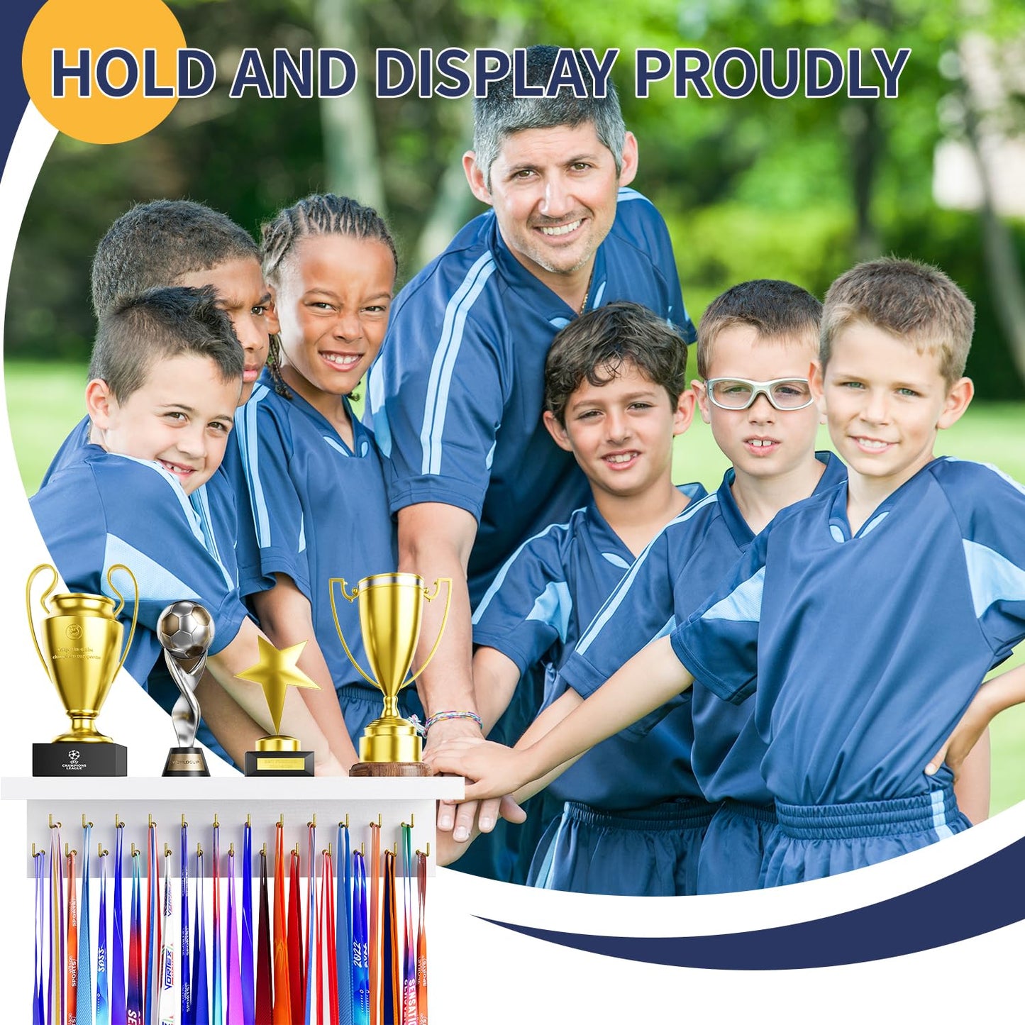 DSVENROLY Medal Holder Display Trophy Shelf Organizer,Sturdy Wooden Medal Trophy Hanger Rack with 25 Steel Hooks, Wall Mount Medal Hanger for Race Medals Trophies Easy to Install White Golden Hooks