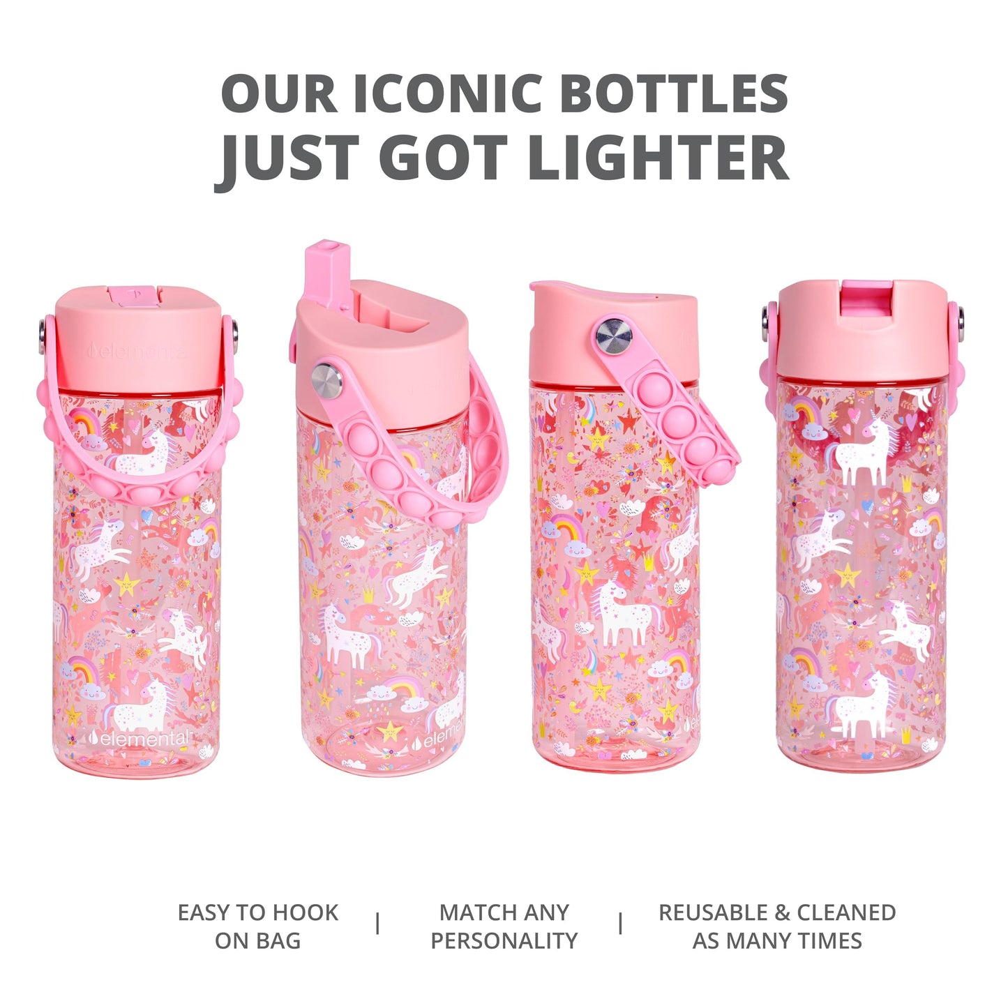 Elemental Leak Proof Water Bottles for Kids - Splash Kids Water Bottle for School with Fun Fidget Pop-it Handle - Tritan Plastic Water Bottle with Straw - Mermaid & Pink Unicorn - 18oz (2 Pack)