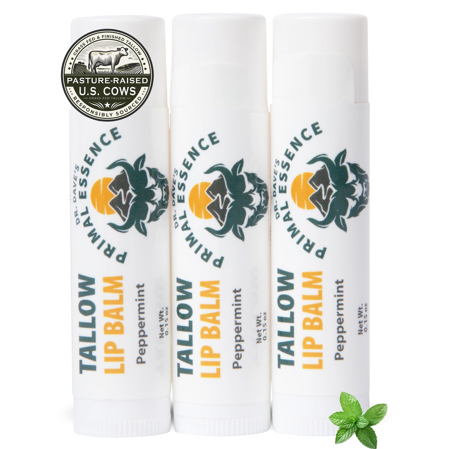 Dr. Dave's Primal Essence Moisturizing Tallow Lip Balm - Grass-Fed Beef Tallow with Organic Coconut Oil, Beeswax and Vitamin E - Peppermint, 3-Pack