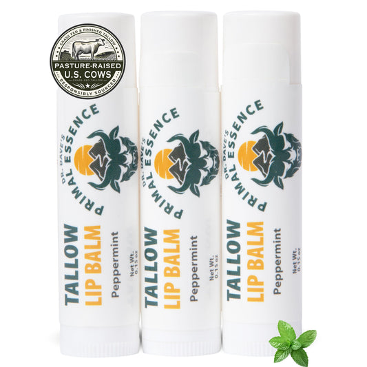Dr. Dave's Primal Essence Moisturizing Tallow Lip Balm - Grass-Fed Beef Tallow with Organic Coconut Oil, Beeswax and Vitamin E - Peppermint, 3-Pack