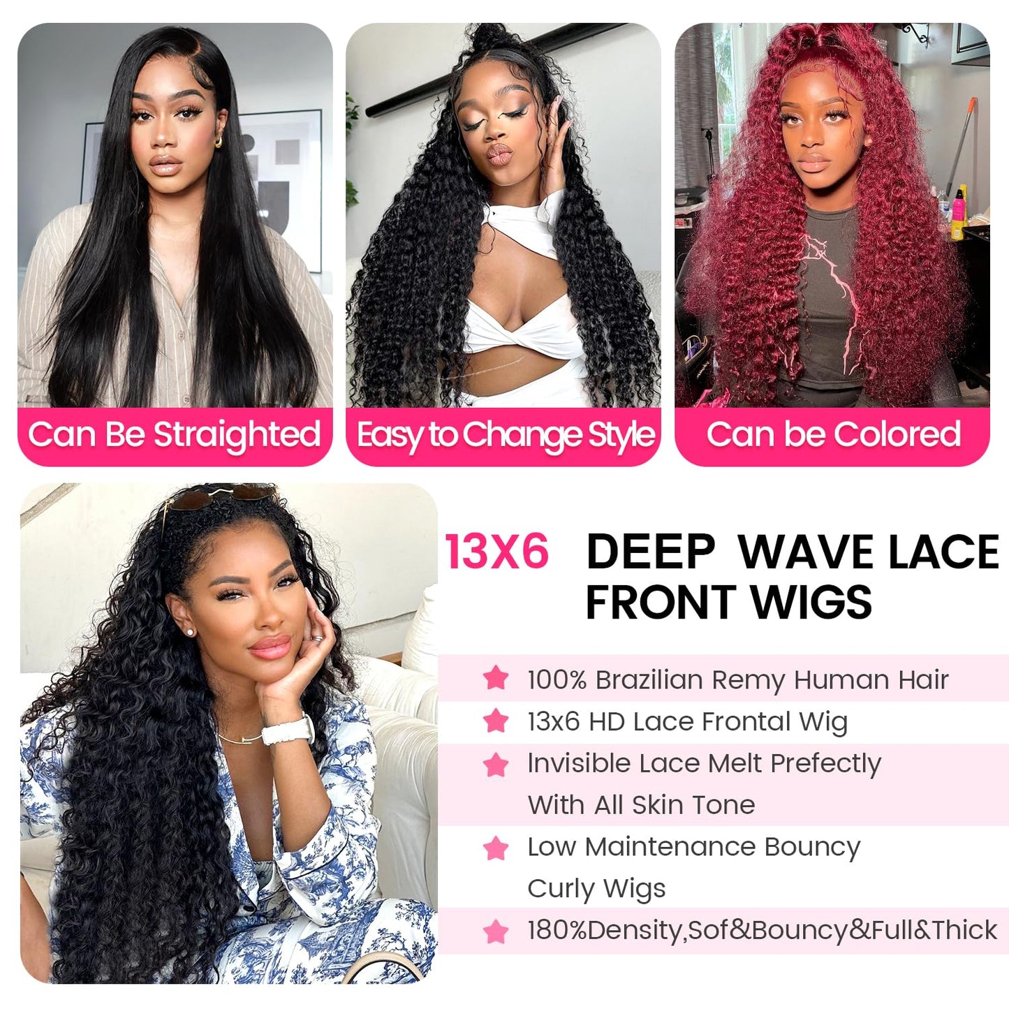 EQ DUOUPA 20 Inch Deep Wave Lace Front Wigs Human Hair 13x6 HD Transparent Human Hair Lace Front Wigs for Women 180 Density Deep Wave Frontal Wigs with Baby Hair Pre Plcked