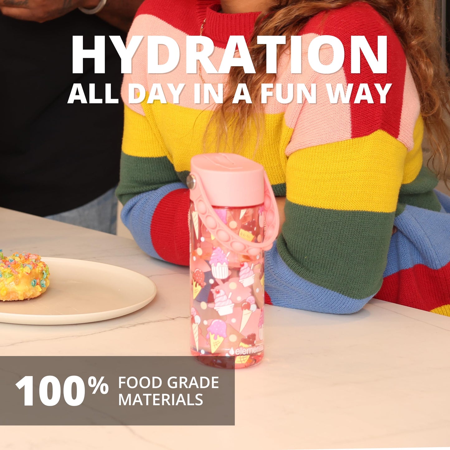 Elemental Leak Proof Water Bottles for Kids - Splash Kids Water Bottle for School with Fun Fidget Pop-it Handle - BPA Free Tritan Plastic Reusable Water Bottle with Straw - Ice Cream - 18oz