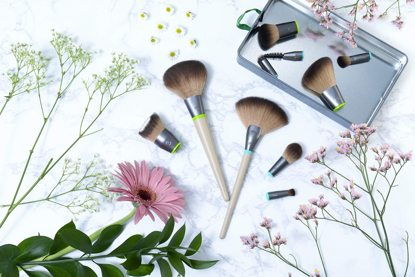 EcoTools Wake Up + Glow Interchangeables Makeup Brush Set with Case, With Beauty Blender Makeup Sponge, Silicone Applicator Face Mask Brush, Eye Roller Depuffer (Set of 6)