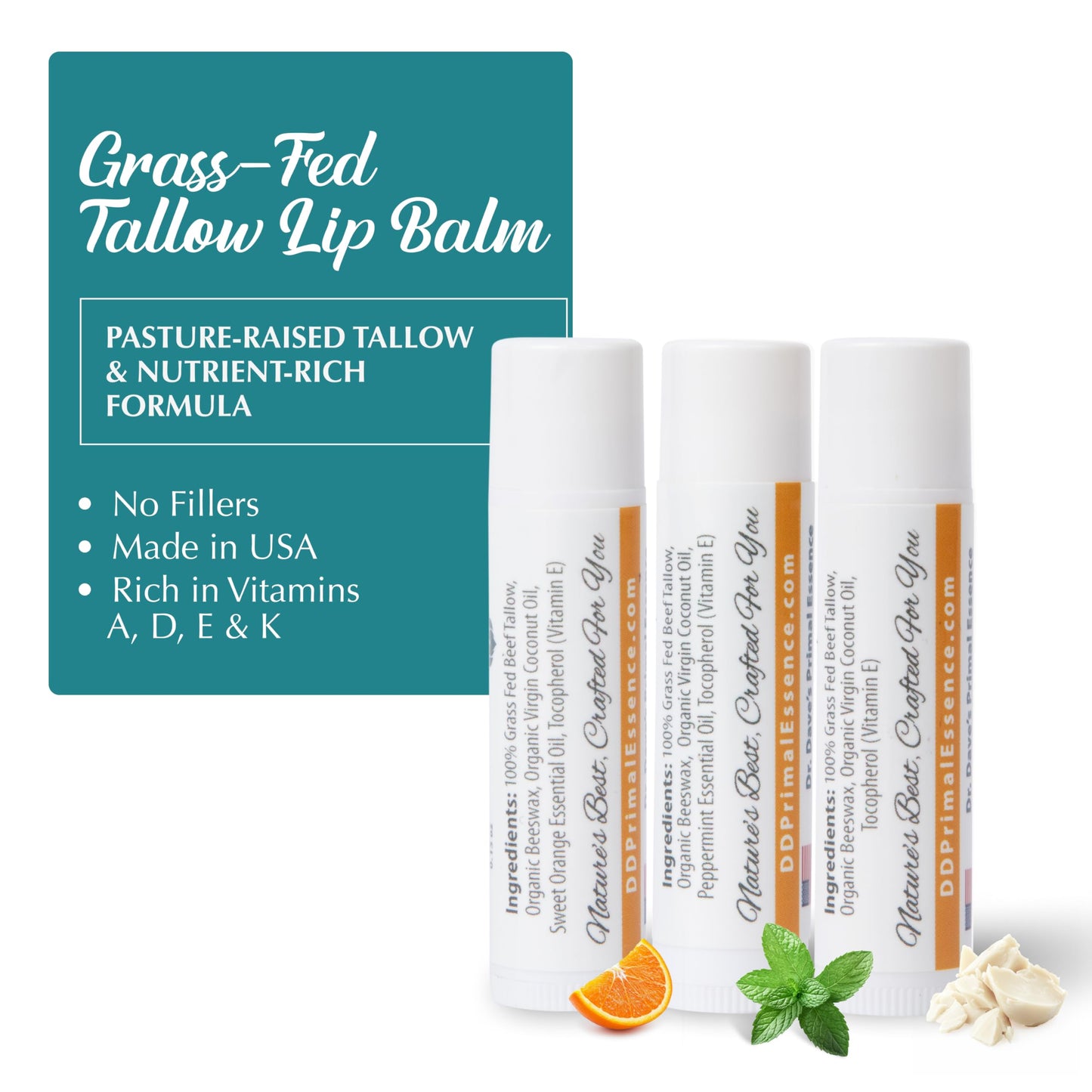 Dr. Dave's Primal Essence Moisturizing Tallow Lip Balm - Grass-Fed Beef Tallow with Organic Coconut Oil, Beeswax and Vitamin E - Variety Pack, 3-Pack