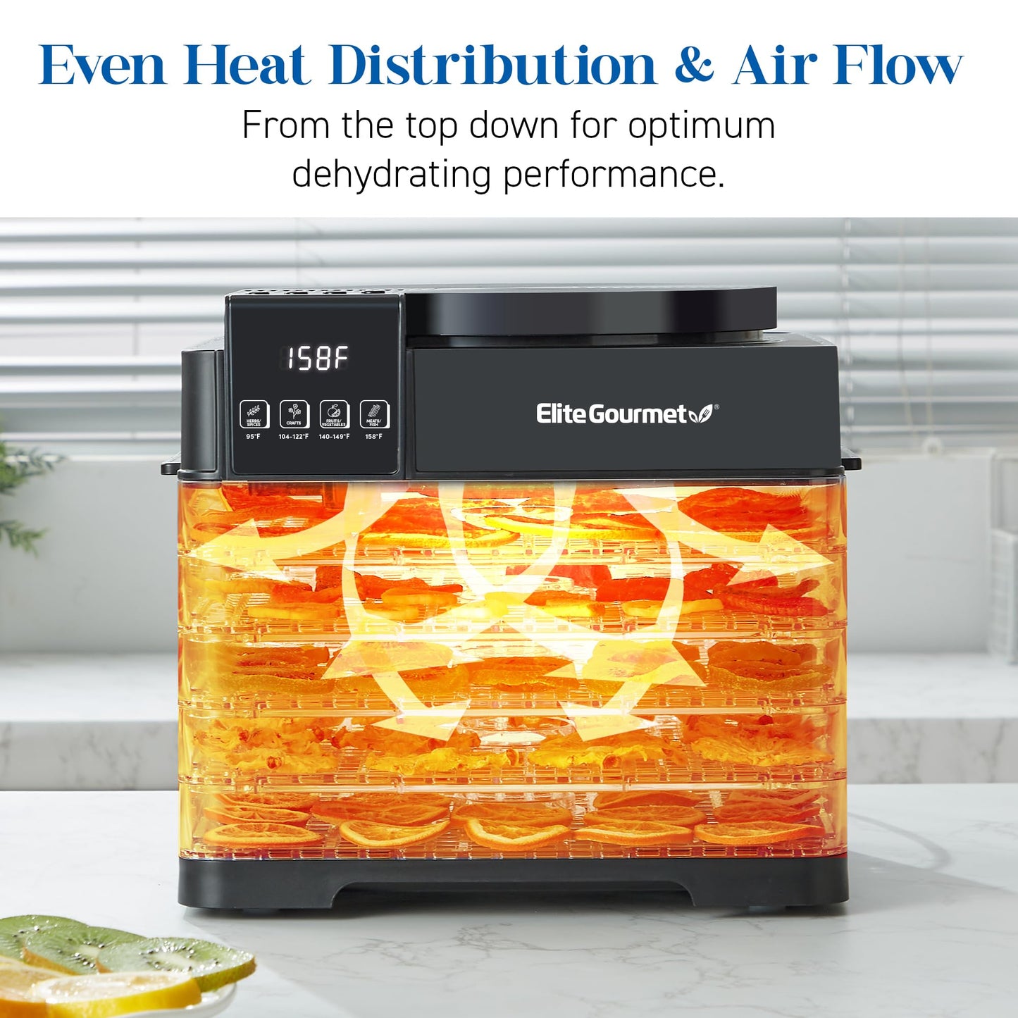 Elite Gourmet EFD422 Digital Food Dehydrator with 5 BPA Free Trays, Top Mounted Fan & Heater, Adjustable Timer and Temperature Controls, Jerky, Herbs, Fruit, Veggies, Snacks, Black