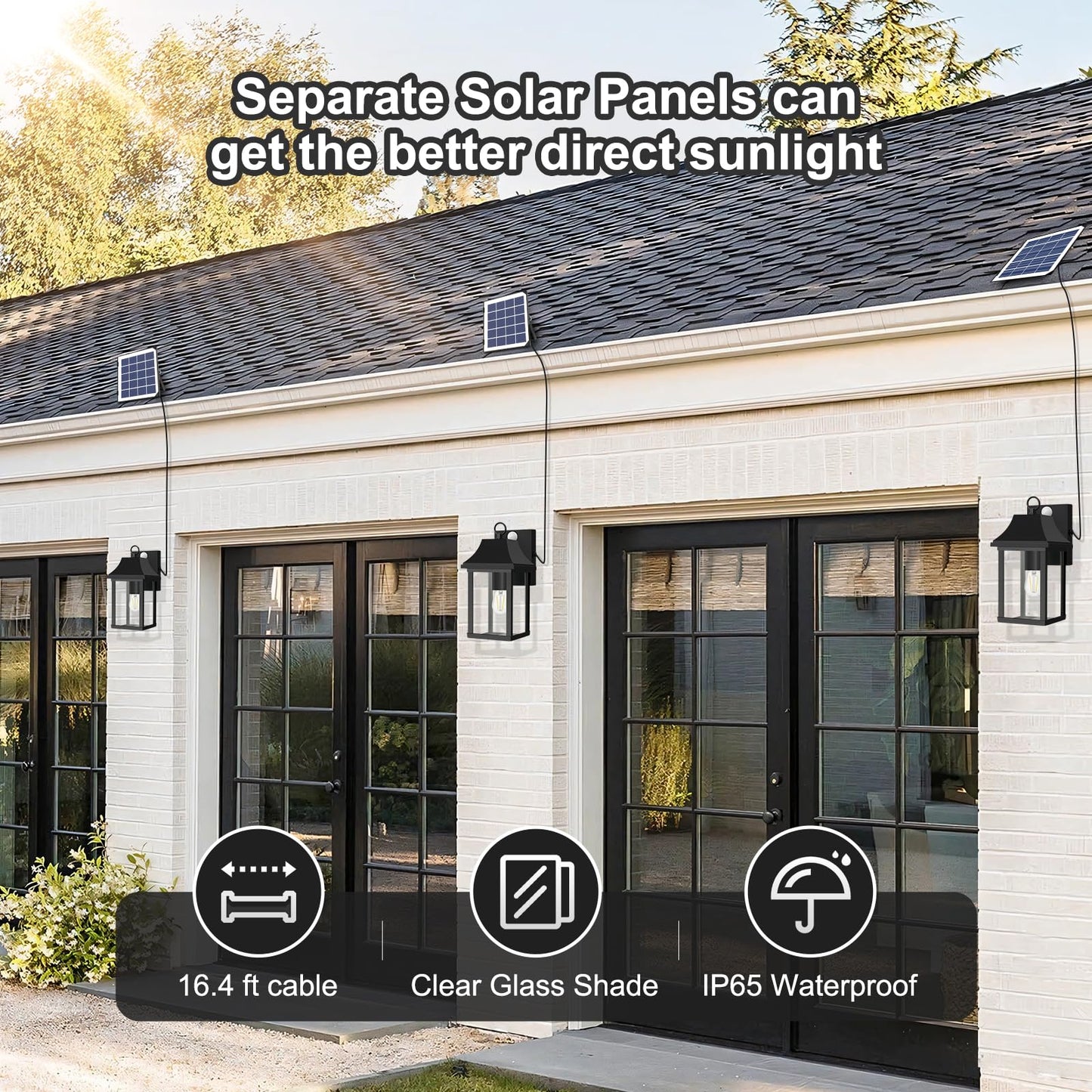 2 Pack Solar Porch Lights Outdoor, Dusk to Dawn Motion Sensor Solar Wall Lantern with 3 Modes, Separate Panel & Power Replaceable Exterior Waterproof Wall Sconce Lighting Lamp for House Garage Patio
