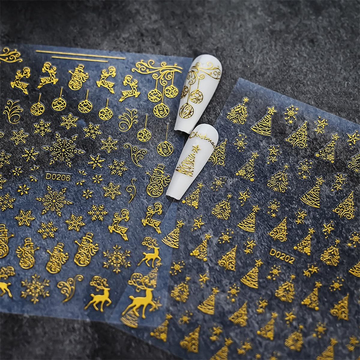 12 Sheets Christmas Nail Stickers - Gold Nail Decals with Snowflake, Snowman, Elk, Tree & Santa Claus Designs - 3D Self-Adhesive Holiday Xmas Nail Art Decals for Manicure Decorations
