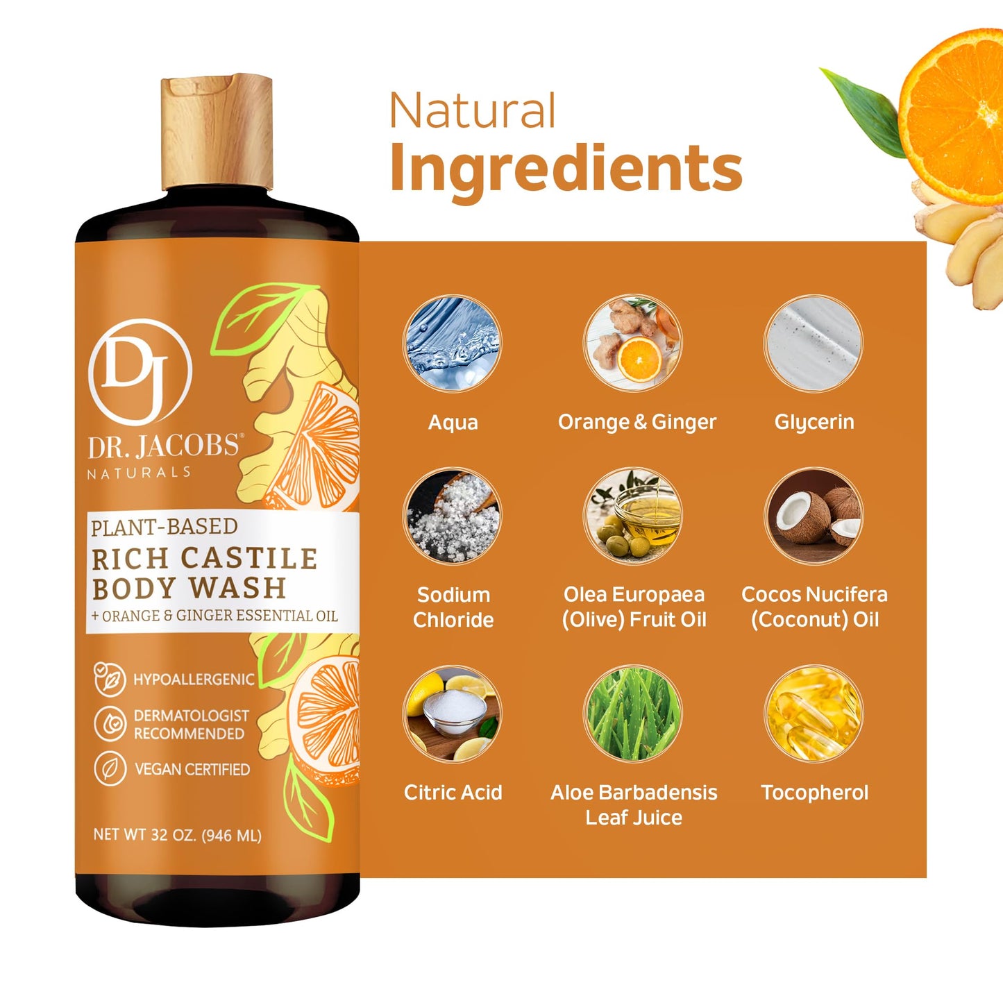 DR. JACOBS NATURALS Castile Orange & Ginger All-Natural Body Wash for Moisturizing Dry and Sensitive Skin Shampoo with Plant-Based Ingredients Gluten, Preservatives-Free Formula - 32 oz