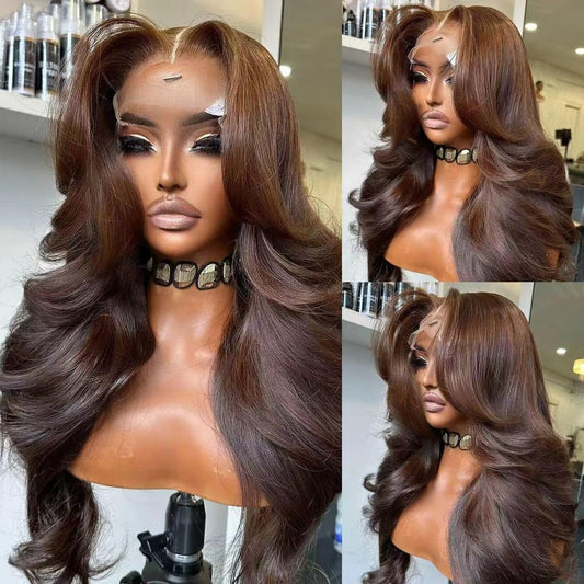 200 Density 13X6 Chocolate Brown Body Wave Lace Front Wigs Human Hair 13x6 HD Transparent Lace Front Wigs For Women Auburn Brown Colored with Baby Hair Glueless Wigs Human Hair Full And Thick 34Inch
