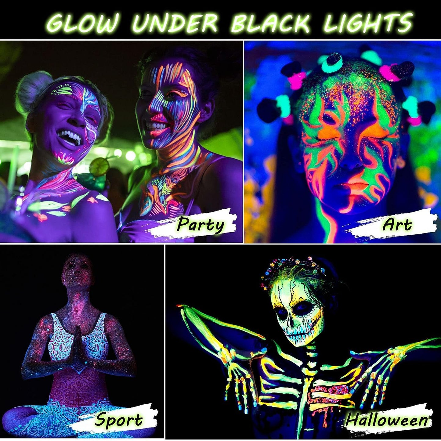 12pcs Glow Face Body Paint, Glow In The Dark Under UV Black Light Sticks Makeup Neon Face Painting Kits for Kids Adult Halloween Festival Accessory Glow Party Supplies