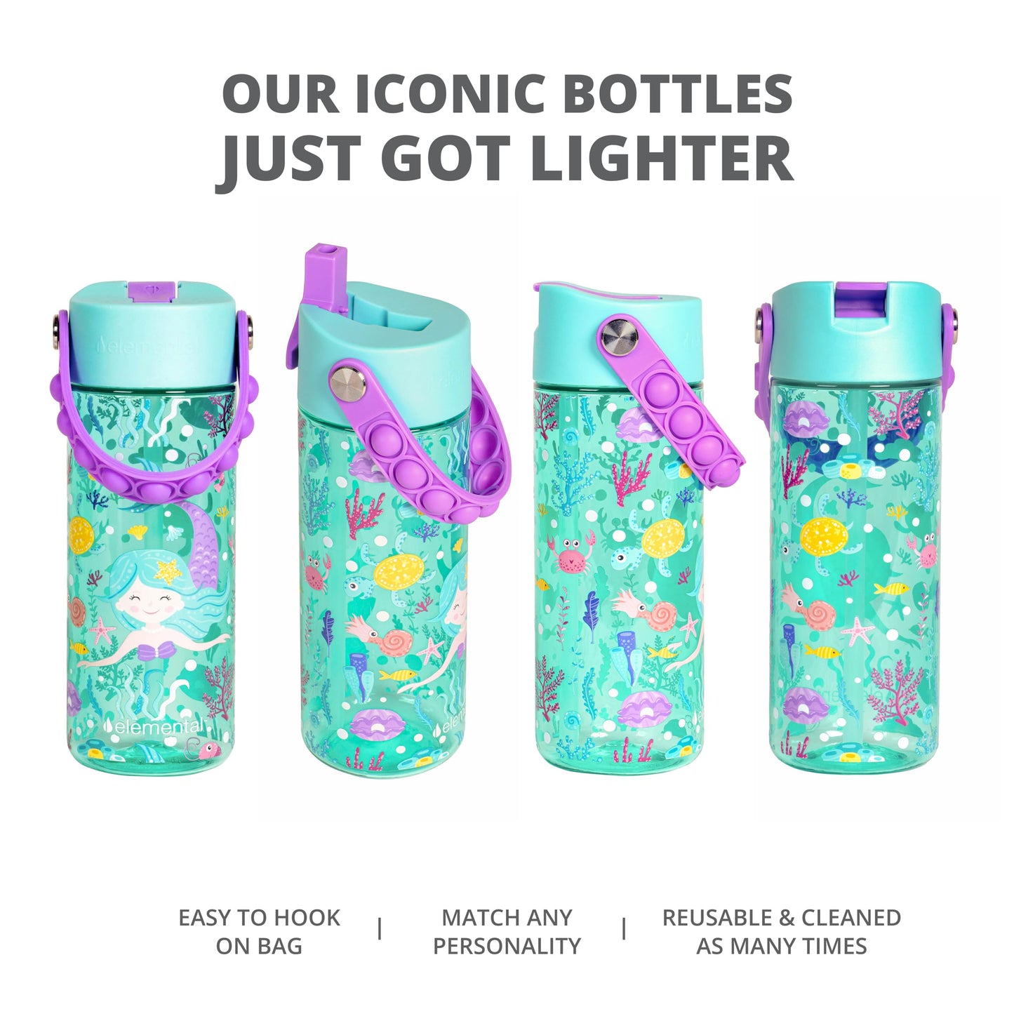 Elemental Leak Proof Water Bottles for Kids - Splash Kids Water Bottle for School with Fun Fidget Pop-it Handle - Tritan Plastic Water Bottle with Straw - Mermaid & Rose - 18oz (2 Pack)