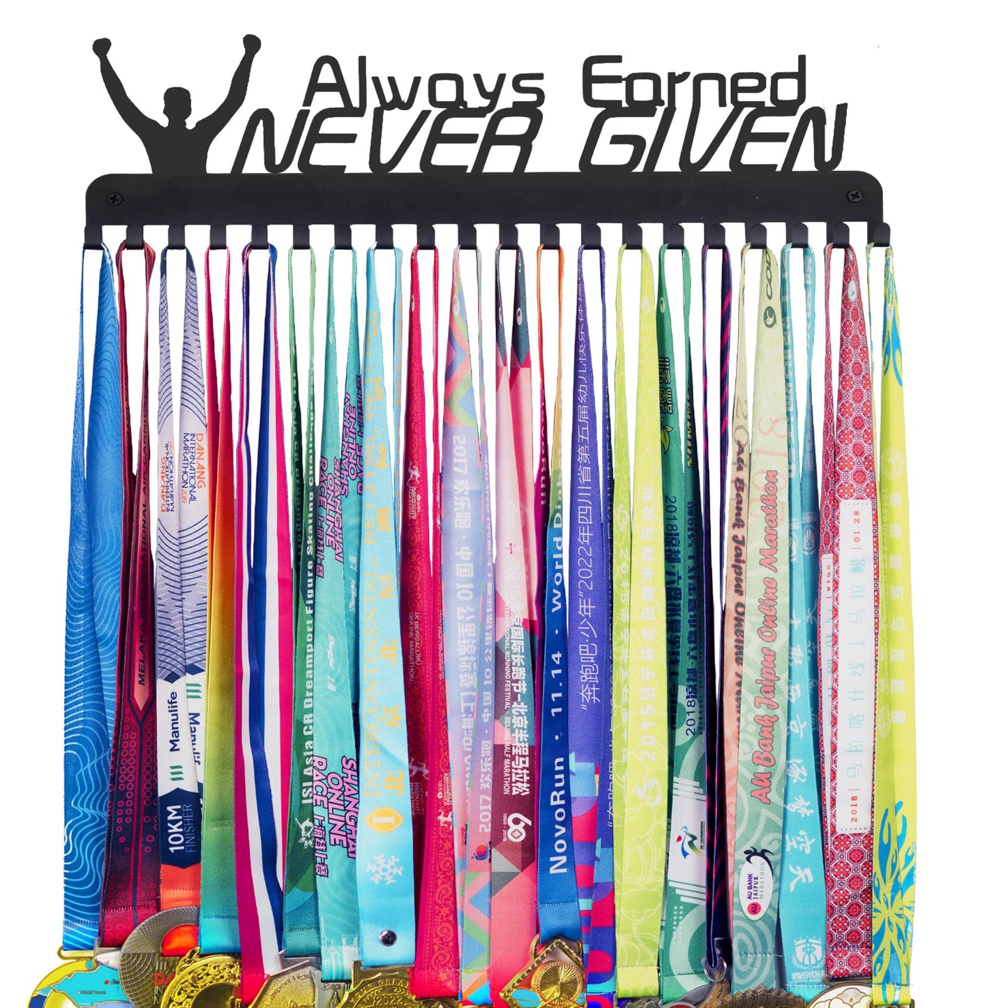 Goutoports Medal Hanger Display Rack - Always Earned Never Given Sports Award Ribbon Hanger With 20 Hooks Hold Up 60 Medals - Durable Metal Holder for Running Showcase and Protect Your Medals in Style