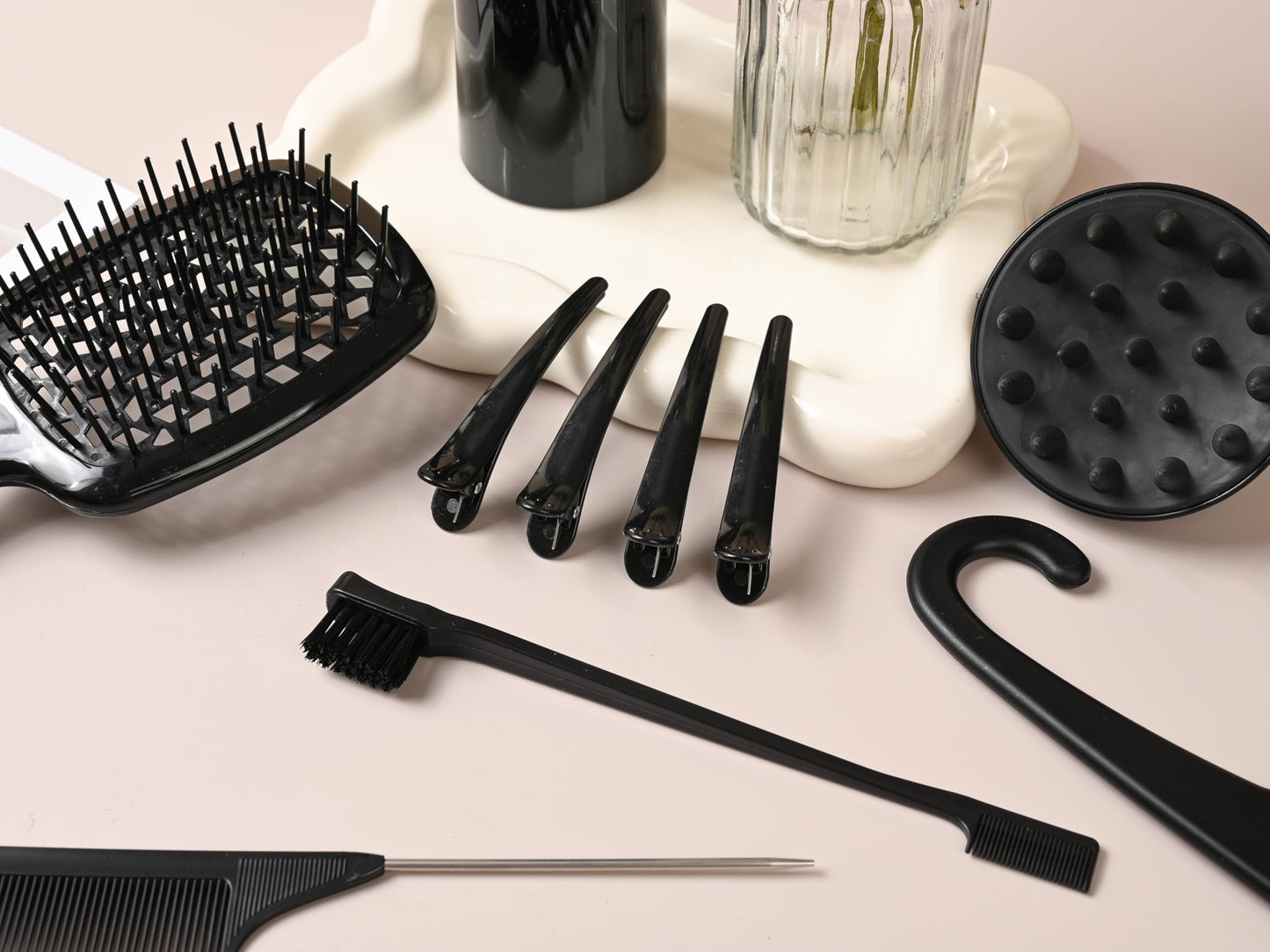 12 Pcs Hair Styling Brush Set with Detangler, Teasing, Rat Tail, Edge Brushes and Baby Hair Brushes - Soft Bristles for Baby Girls and Women (Black)