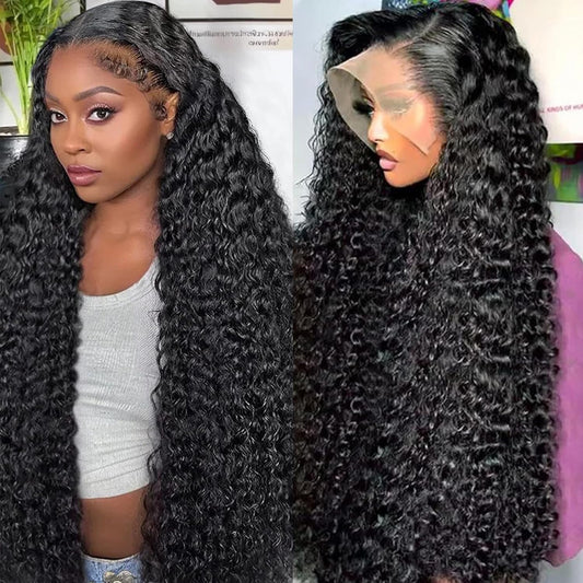 EQ DUOUPA 28 Inch Deep Wave Lace Front Wigs Human Hair Pre Plucked 13x6 HD Transparent Lace Frontal Wigs Human Hair 180 Density Curly Wigs for Women