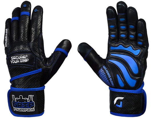 Elite Leather Gym Gloves with Built in 2" Wide Wrist Wraps Best Grip & Design for Weightlifting Power Lifting Bodybuilding & Strength Training Workout Exercises (Full Fingers Blue, Medium)