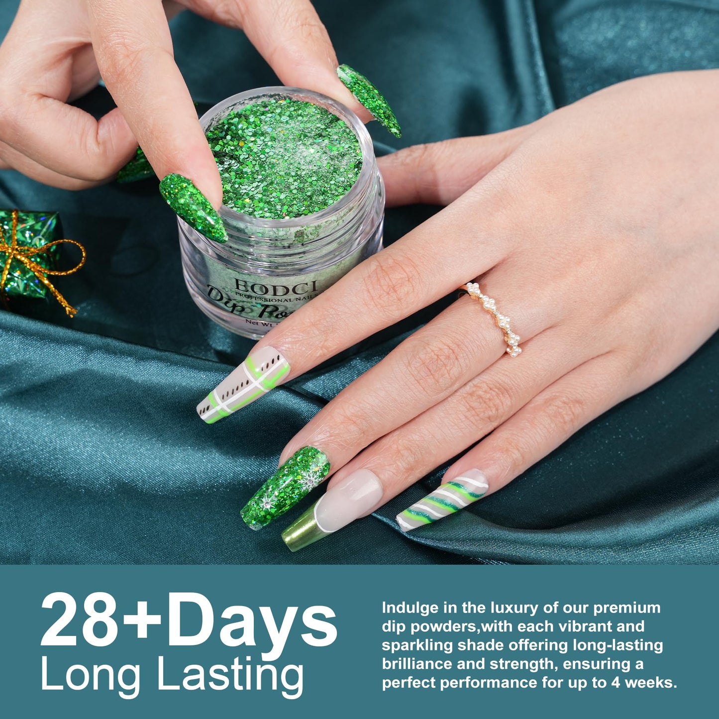 EODCI Dip Powder 1oz/28g Glitter Green Color Nail Dipping Powder French Pro Collection System Nail Art Starter Manicure Salon DIY at Home, Odor-Free & Long-Lasting