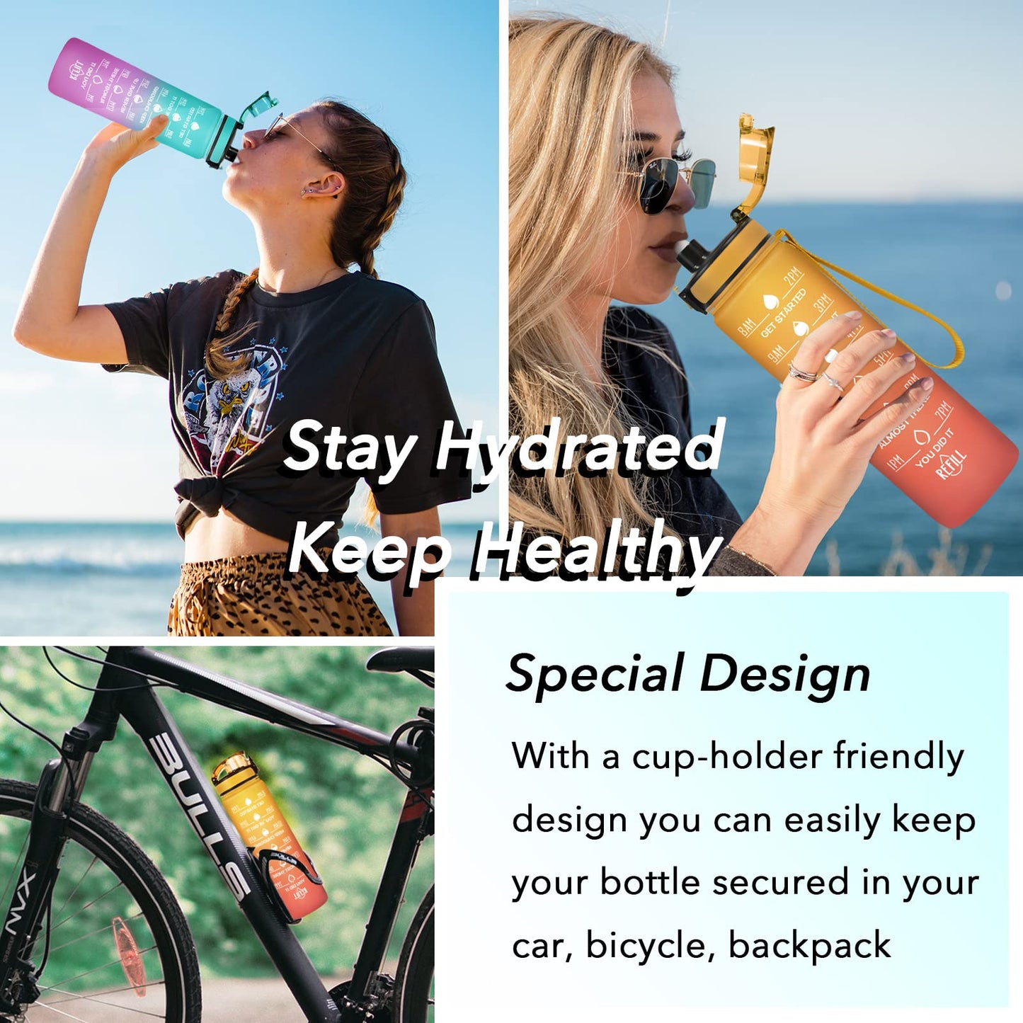 Enerbone 32 oz Water Bottle, Leakproof BPA & Toxic Free, Motivational Water Bottle with Times to Drink and Straw, Fitness Sports Water Bottle with Strap for Office, Gym, Outdoor Sports