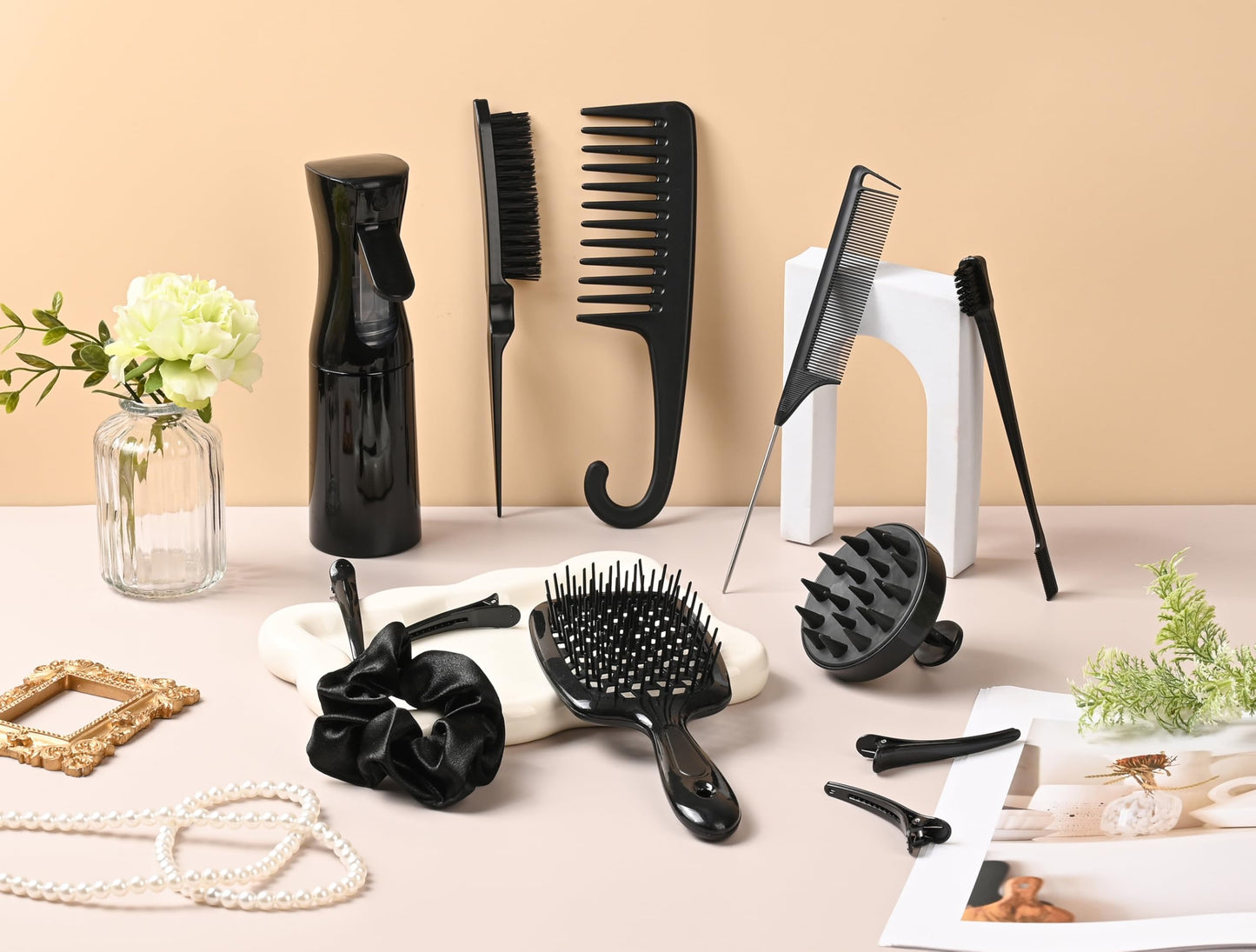 12 Pcs Hair Styling Brush Set with Detangler, Teasing, Rat Tail, Edge Brushes and Baby Hair Brushes - Soft Bristles for Baby Girls and Women (Black)
