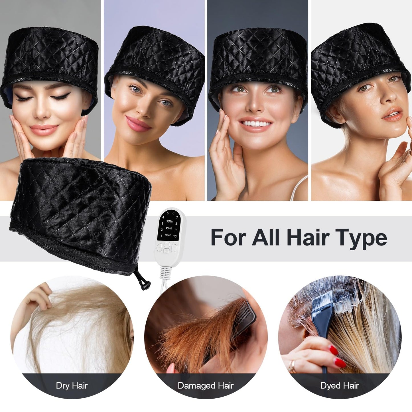 Electric Hair Steamer Cap, Hair Care Hat Heating Cap with 10 Gears Temperature and Timer Control, Thermal Heat Cap for Black Hair Thermal (Black)