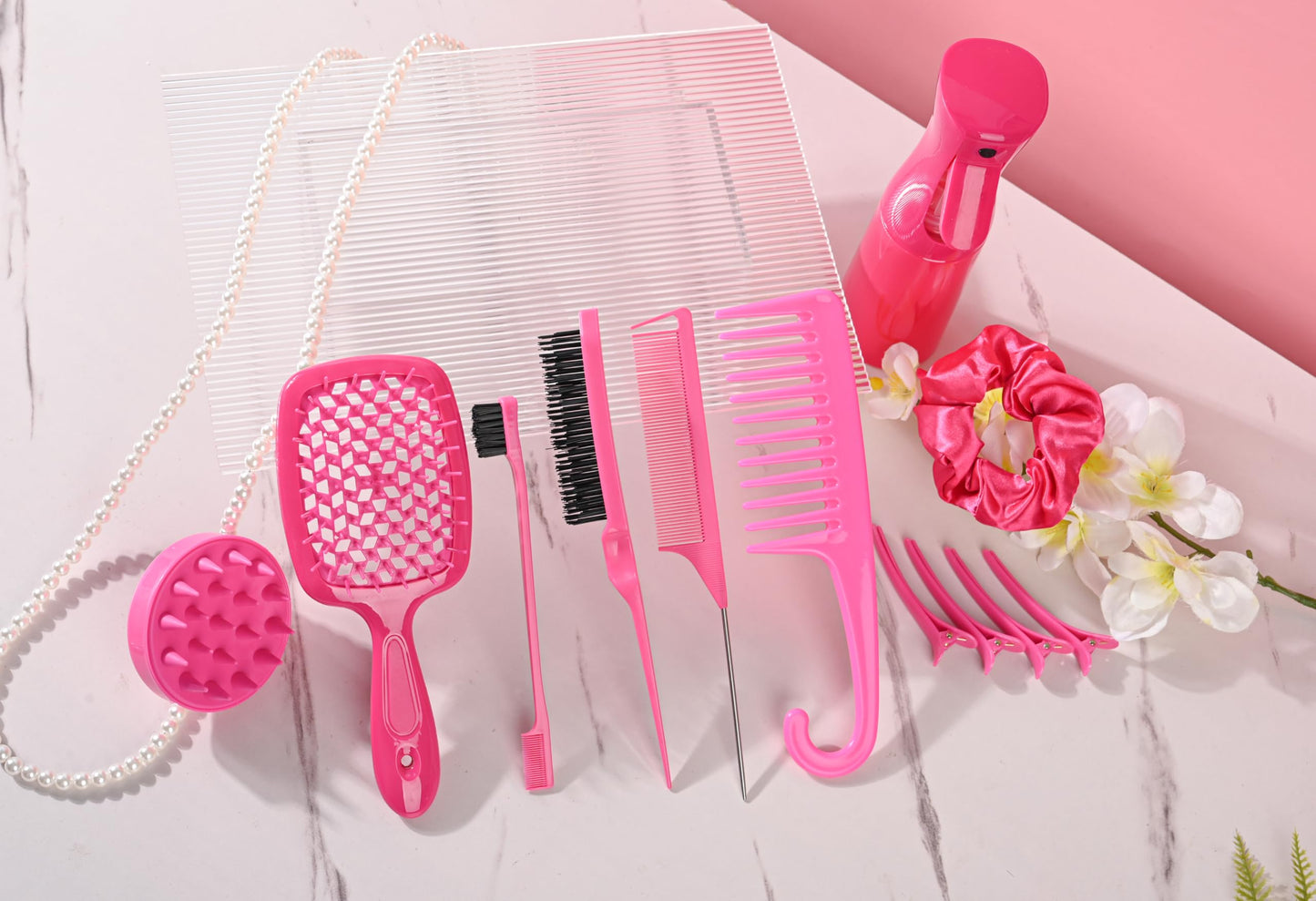 12 Pcs Hair Brush Set, 3 Pieces Slick Back Hair Brushes for Toddlers, Women, Detangling Brush for Wet Dry Curly Hair, Edge Bristles Wide Tooth Rat Tail Combs for Baby Girls (Rose Red)