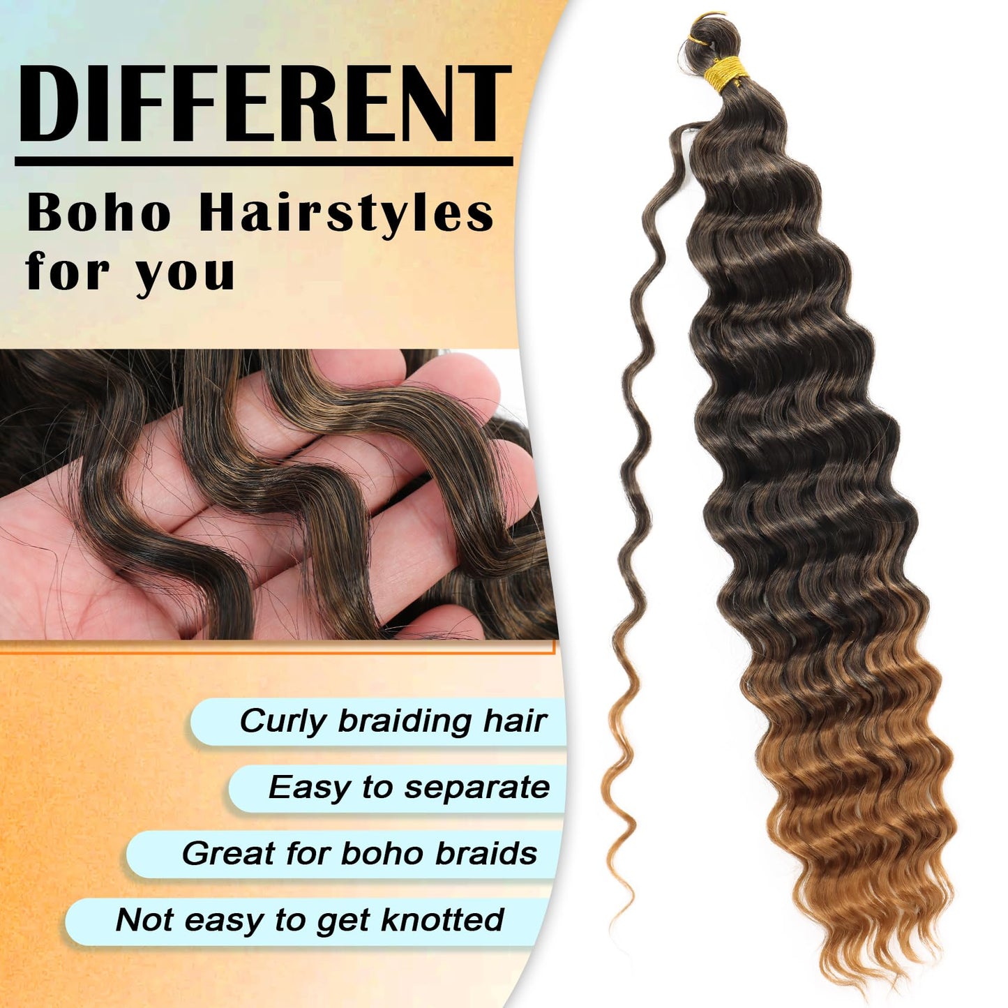 Eerya Long Curly Braiding Hair 24 Inch 4 Packs Deep Ocean Wave Crochet Hair for Black Women Deep Wave Braiding Hair for Boho Braids (24 inch, T30)