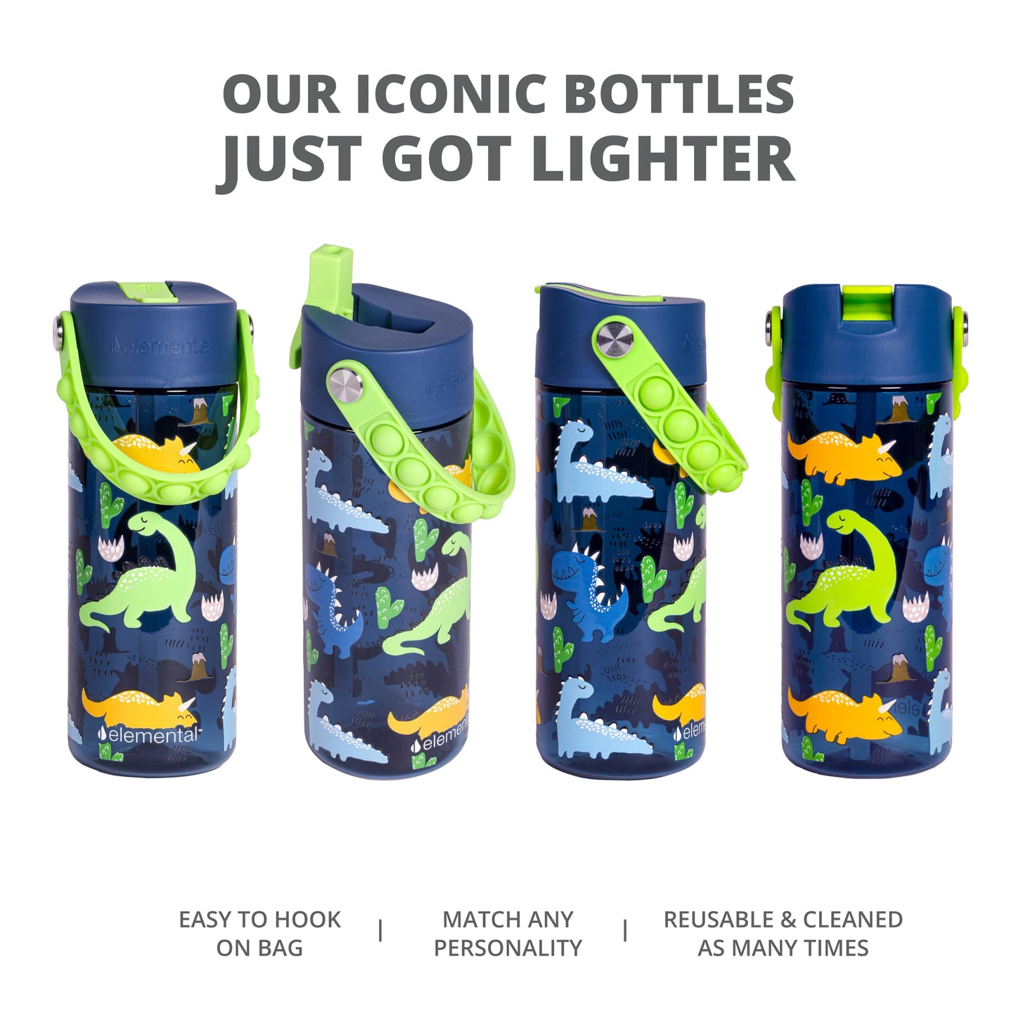 Elemental Leak Proof Water Bottles for Kids - Splash Kids Water Bottle for School with Fun Fidget Pop-it Handle - Tritan Plastic Water Bottle with Straw - Dinosaur & Green - 18oz (2 Pack)