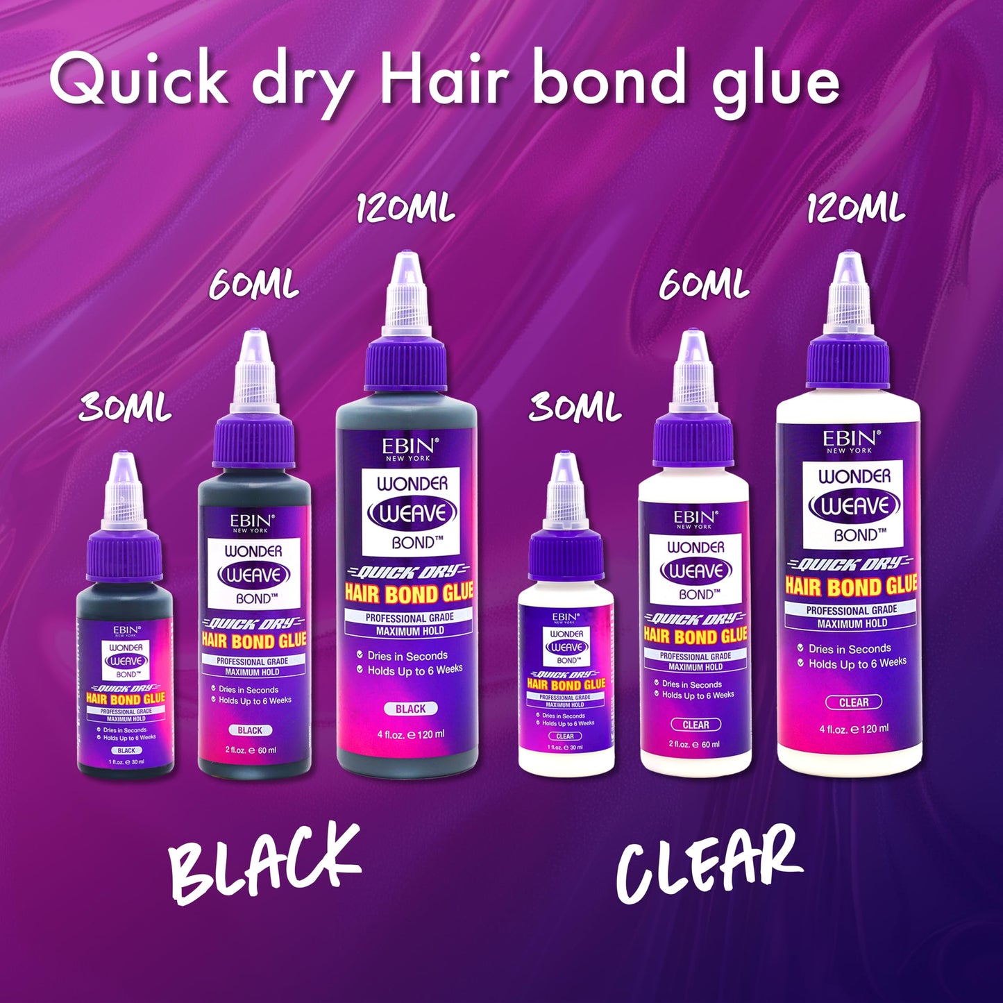 EBIN NEW YORK Wonder Weave Bond Hair Bond Glue 4 Fl Oz (Black) – Quick-Dry Hair Glue with Strong Hold for Weaves and Tracks – Long-Lasting Bonding Formula for Salon or at-Home Quick Weave Application