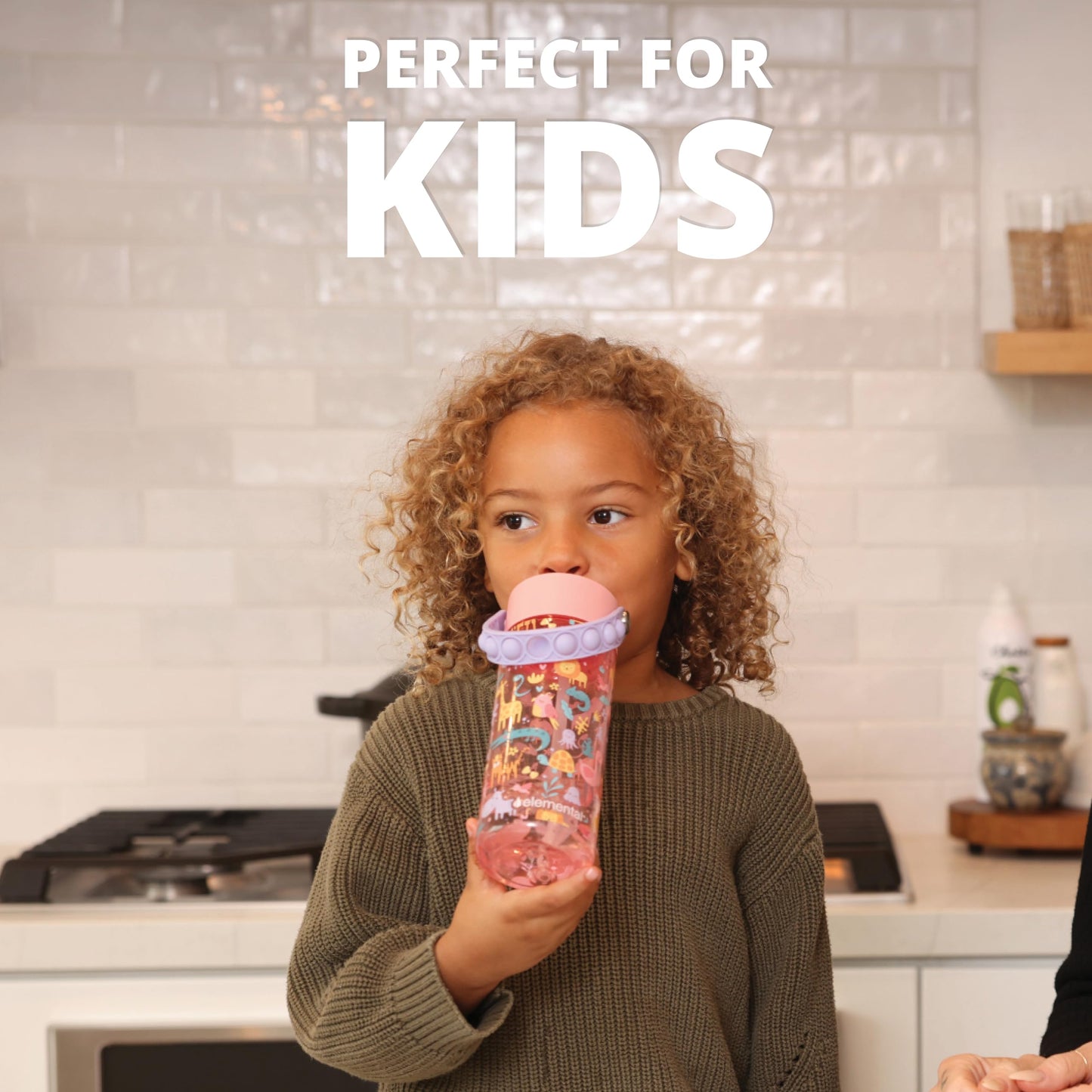 Elemental Leak Proof Water Bottles for Kids - Splash Kids Water Bottle for School with Fun Fidget Pop-it Handle - BPA Free Tritan Plastic Reusable Water Bottle with Straw - Pink Safari - 18oz