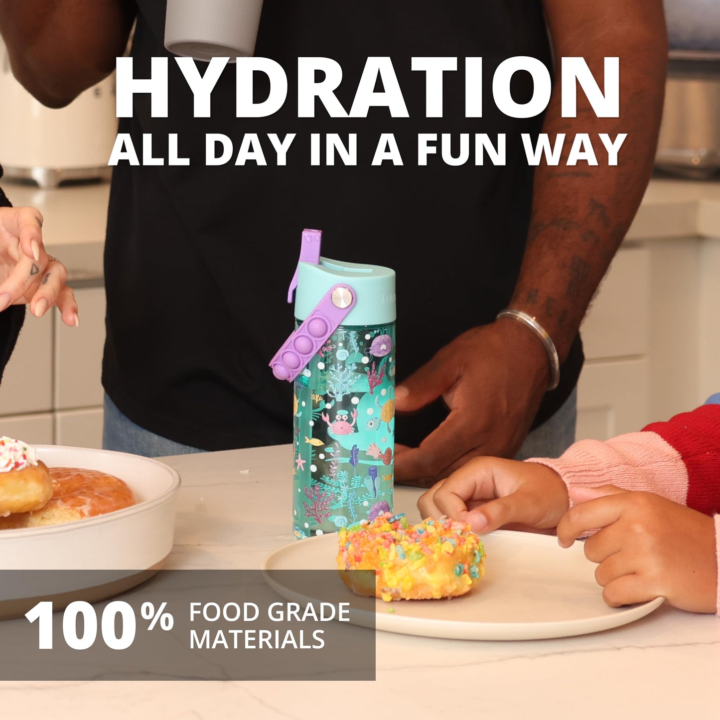 Elemental Leak Proof Water Bottles for Kids - Splash Kids Water Bottle for School with Fun Fidget Pop-it Handle - BPA Free Tritan Plastic Reusable Water Bottle with Straw - Mermaid - 18oz