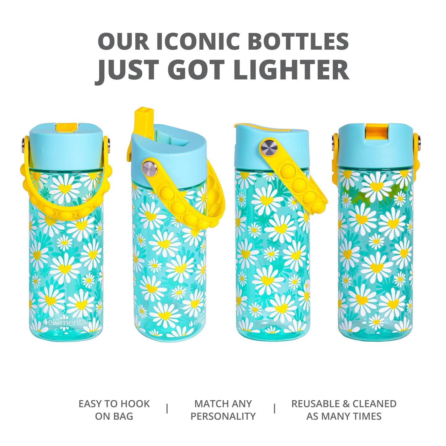 Elemental Leak Proof Water Bottles for Kids - Splash Kids Water Bottle for School with Fun Fidget Pop-it Handle - BPA Free Tritan Plastic Reusable Water Bottle with Straw - Daisy Heart - 18oz
