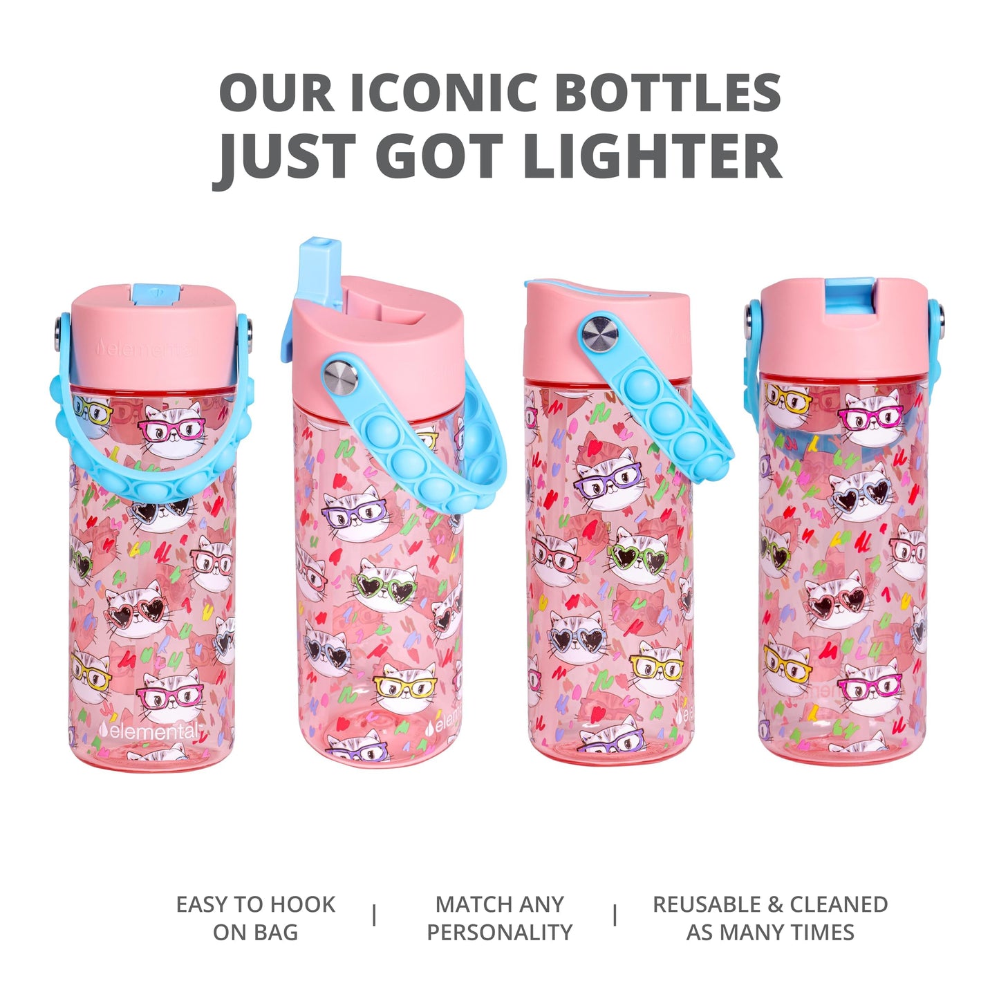 Elemental Leak Proof Water Bottles for Kids - Splash Kids Water Bottle for School with Fun Fidget Pop-it Handle - Tritan Plastic Water Bottle with Straw - Stylish Cat & Spring Blossom - 18oz (2 Pack)