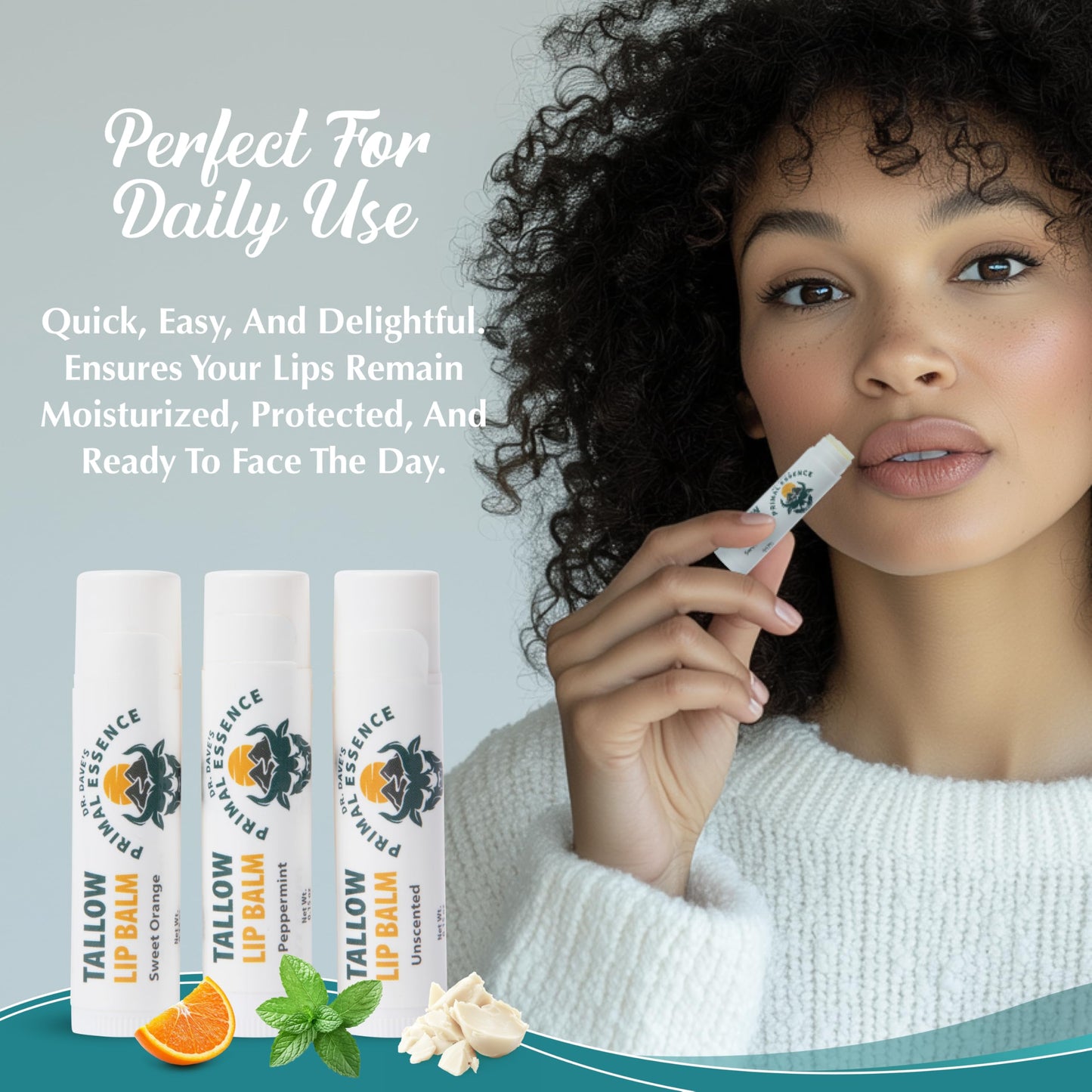 Dr. Dave's Primal Essence Moisturizing Tallow Lip Balm - Grass-Fed Beef Tallow with Organic Coconut Oil, Beeswax and Vitamin E - Variety Pack, 3-Pack