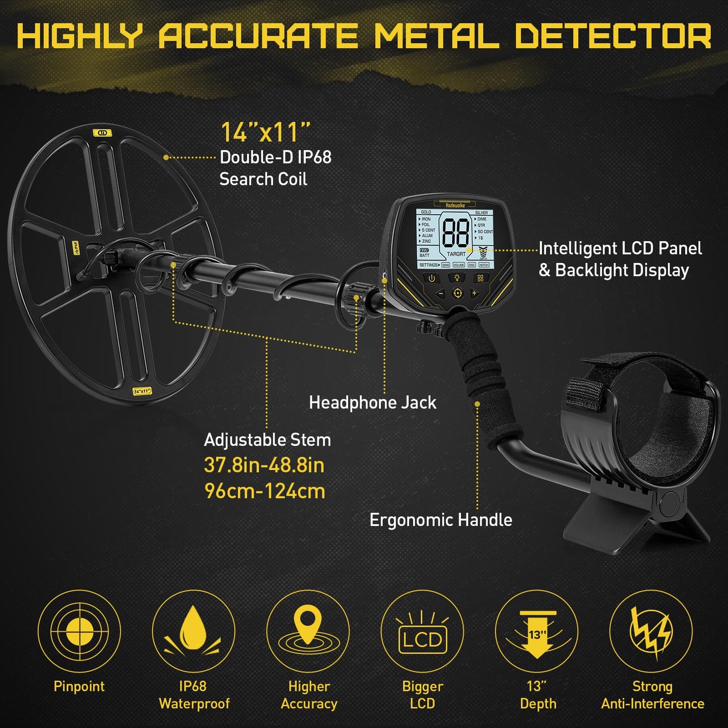 14" Metal Detector for Adults, Double-D Metal Detectors with Higher Sensitivity, Waterproof Metal Detectors with Large IP68 Search Coil, Professional DISC & Pinpointer Metal Detector Mode