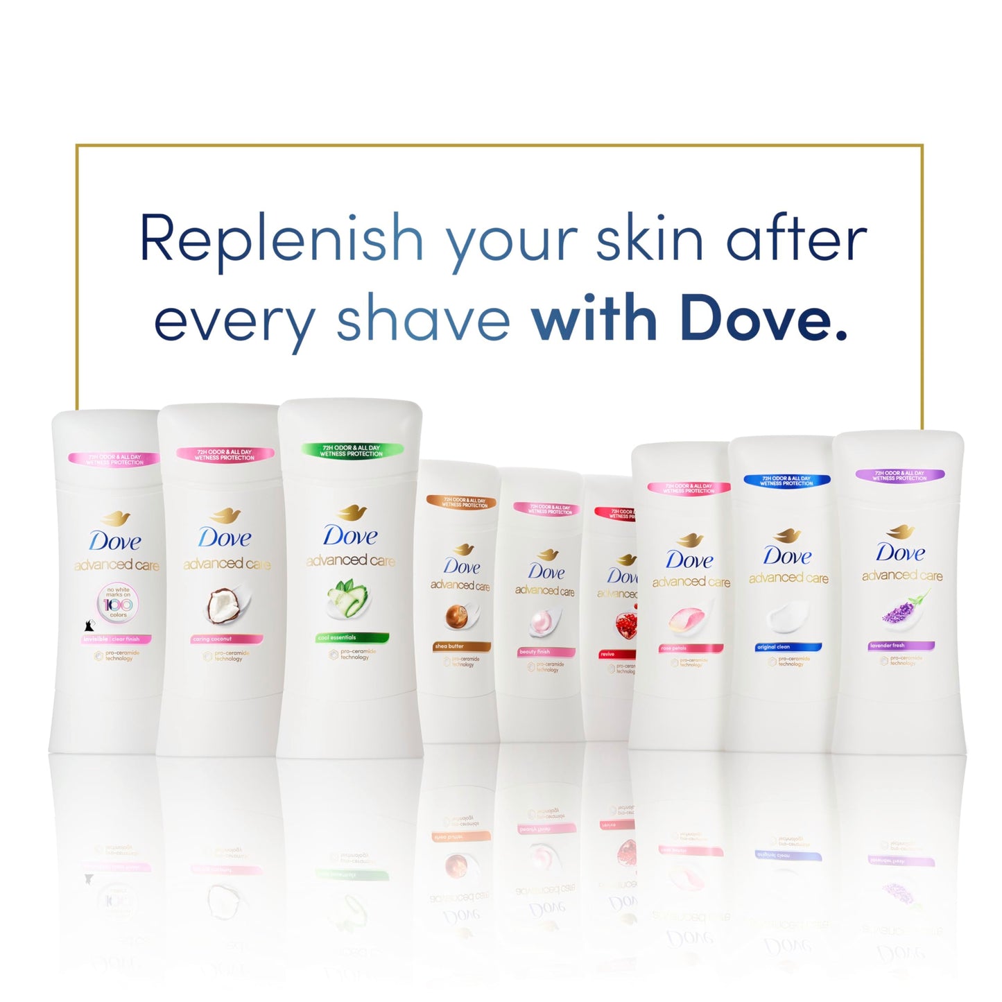 Dove Advanced Care Antiperspirant Deodorant Stick Clear Finish Pack of 36 doesn’t stain clothes 72-hour odor control and all-day sweat protection with Pro-Ceramide Technology 0.5 oz