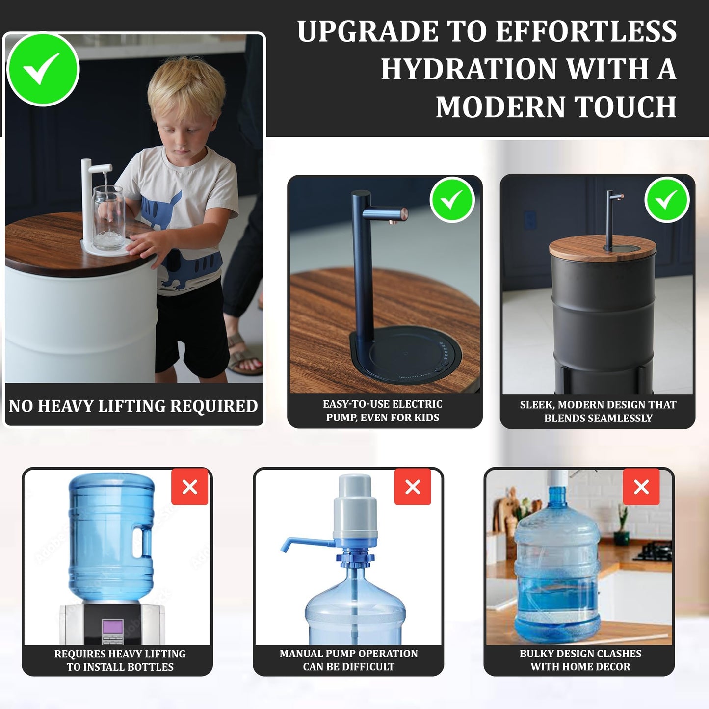 Electric Wooden Water Dispenser for 5-Gallon Bottle – Concealed Storage for 5 Gallon Water Jug, Silent Rechargeable Motor – Scratch & Rust-Resistant - Black