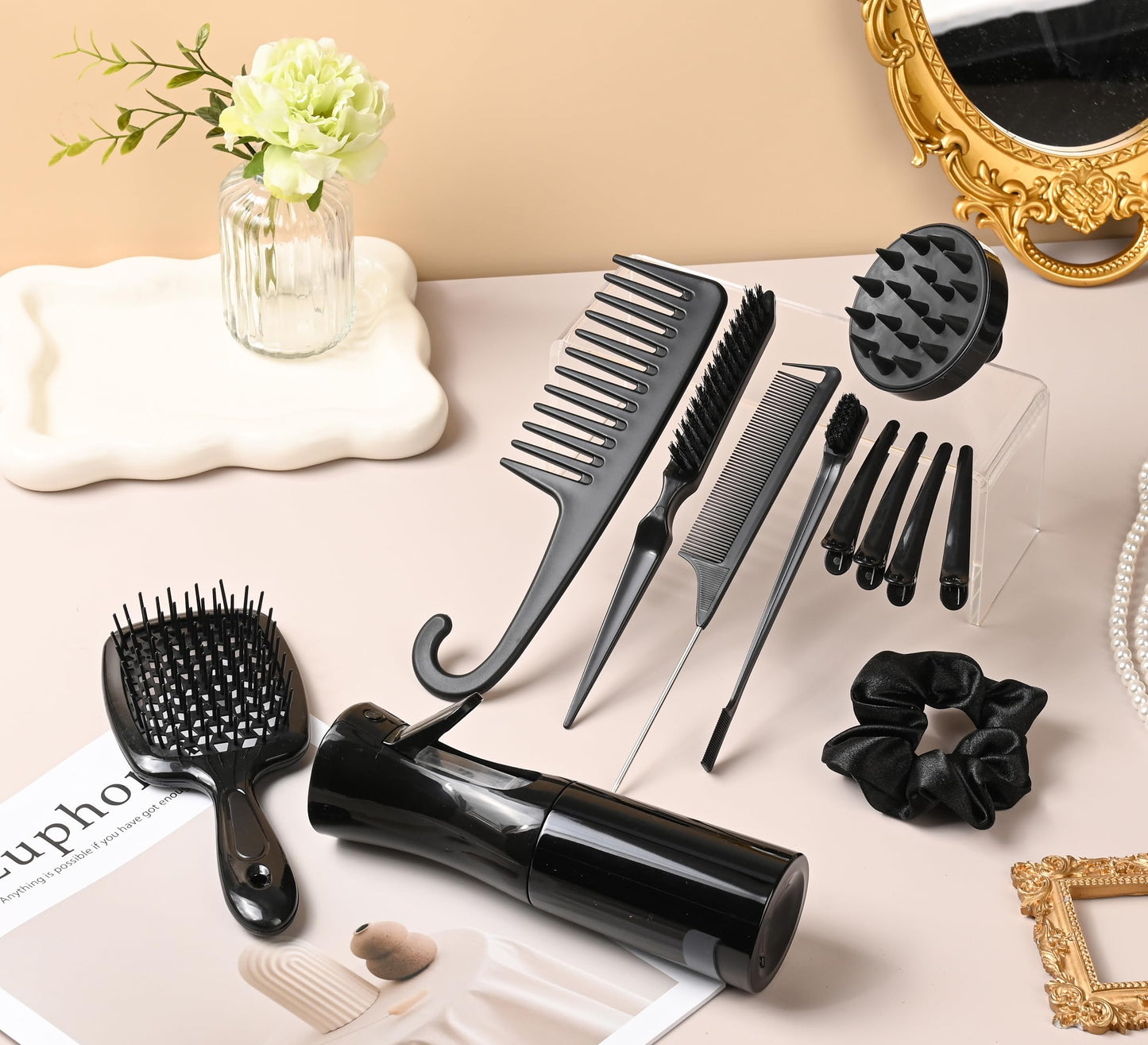 12 Pcs Hair Styling Brush Set with Detangler, Teasing, Rat Tail, Edge Brushes and Baby Hair Brushes - Soft Bristles for Baby Girls and Women (Black)