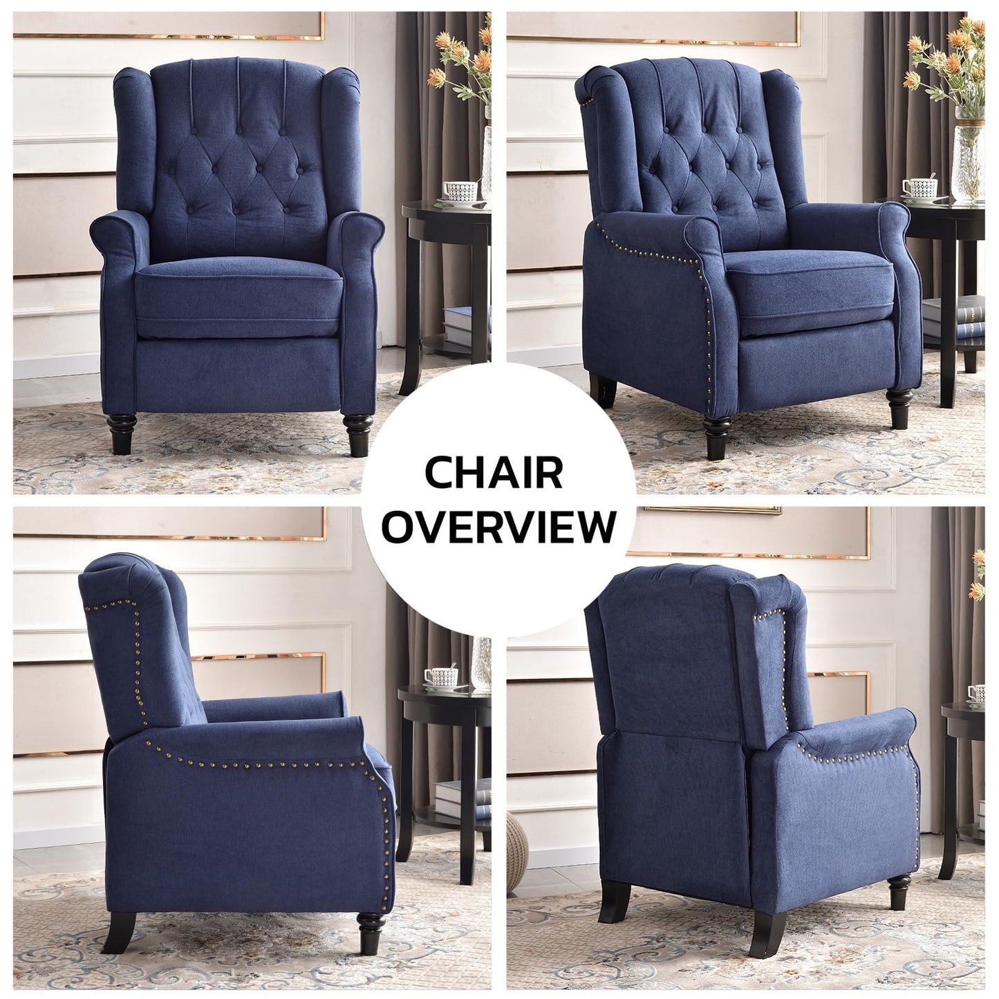 EBELLO 2 Pcs Pushback Recliner Chairs, Fabric Armchair Push Back Recliner with Rivet Decoration, Single Sofa Accent Chair for Living Room, Bedroom, Blue