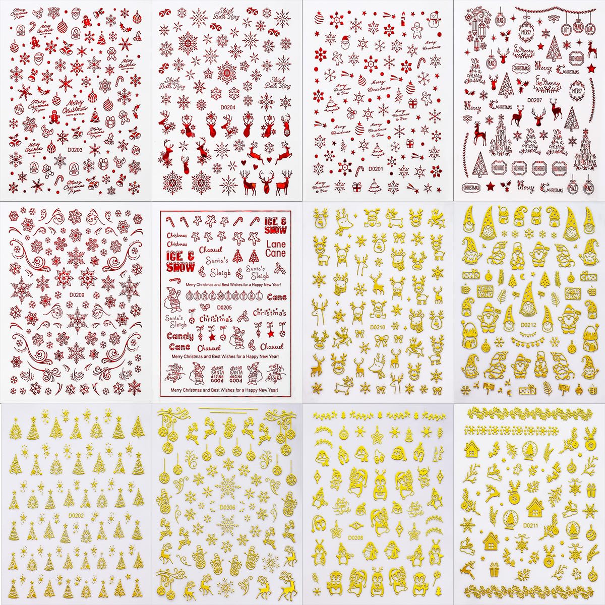 12 Sheets Christmas Nail Stickers - Gold Nail Decals with Snowflake, Snowman, Elk, Tree & Santa Claus Designs - 3D Self-Adhesive Holiday Xmas Nail Art Decals for Manicure Decorations
