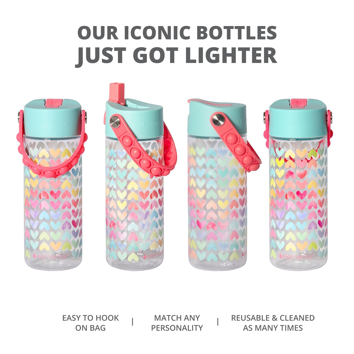 Elemental Leak Proof Water Bottles for Kids - Splash Kids Water Bottle for School with Fun Fidget Pop-it Handle - BPA Free Tritan Plastic Reusable Water Bottle with Straw - Rainbow Heart - 18oz