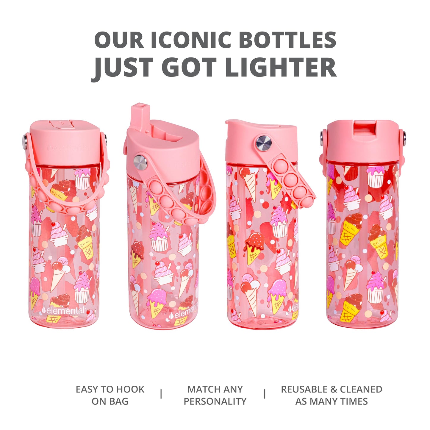 Elemental Leak Proof Water Bottles for Kids - Splash Kids Water Bottle for School with Fun Fidget Pop-it Handle - BPA Free Tritan Plastic Reusable Water Bottle with Straw - Ice Cream - 18oz