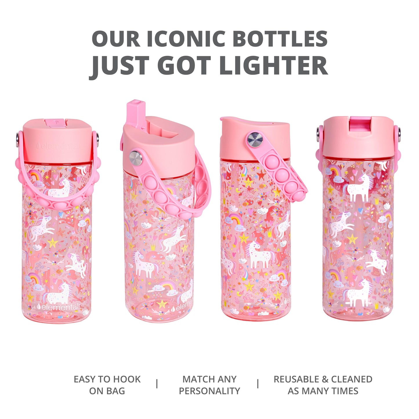Elemental Leak Proof Water Bottles for Kids - Splash Kids Water Bottle for School with Fun Fidget Pop-it Handle - Tritan Plastic Water Bottle with Straw - Pink Unicorn & Robins Egg - 18oz (2 Pack)