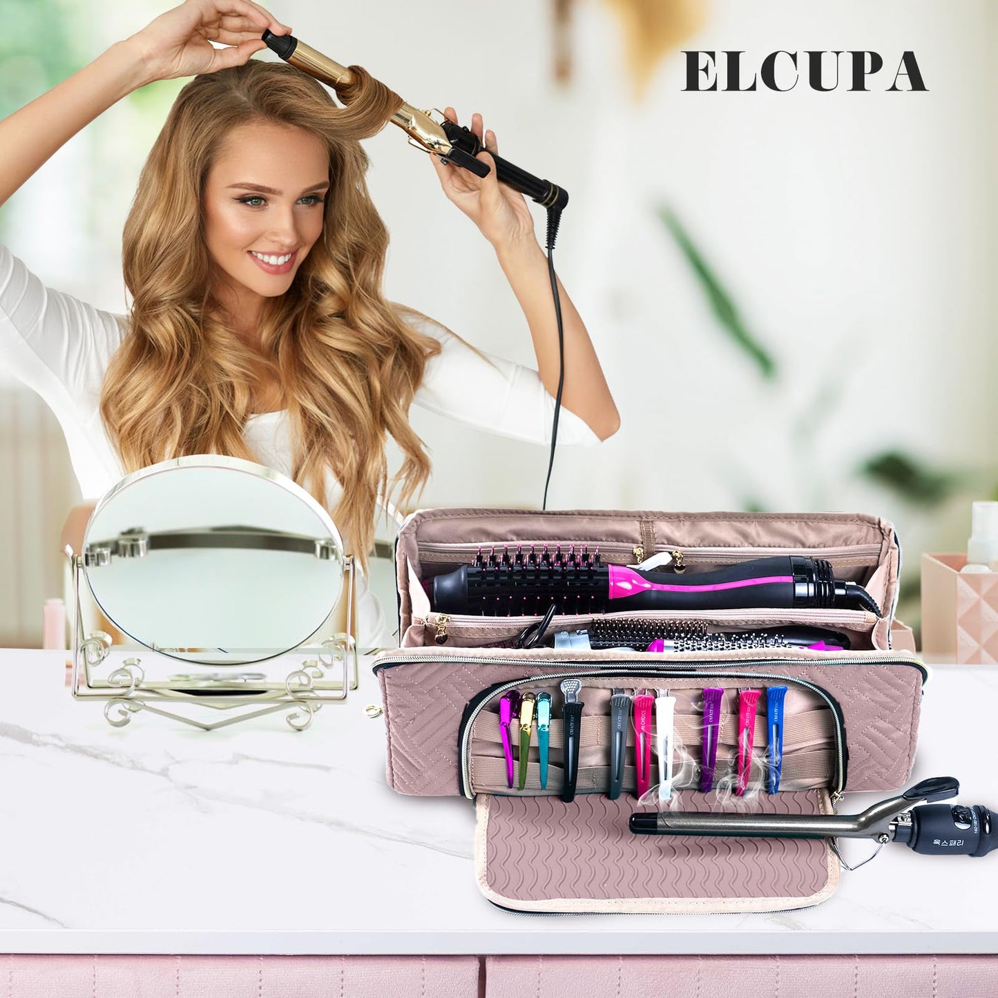 ELCUPA Large Hair Tools Travel Bag with Iron Mat - 2in1 Hair Tools Organizer for Hair Dryer Brush, Flat Irons, Straighteners, Curling Irons, Hair Bag, Makeup Bag, Cosmetic Bag for Travel Essentials