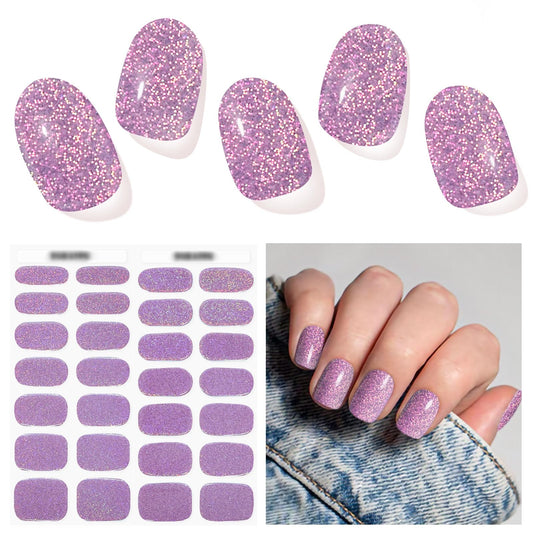 DUKASOU Semi Cured Gel Nail Strips, Purple Sparkle | 28pcs Work With Any UV Lamp, Stickers for Women Girls, Includes Prep Pads, File & Wood Stick