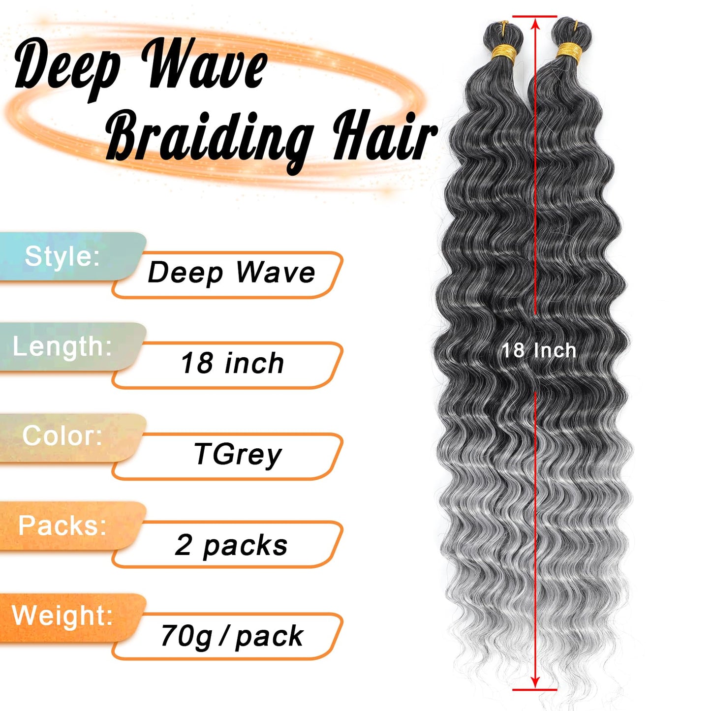 Eerya Long Curly Braiding Hair 18 Inch 2 Packs Ocean Wave Crochet Hair for Black Women Deep Wave Braiding Hair for Boho Braids (18 inch, T1B/grey)