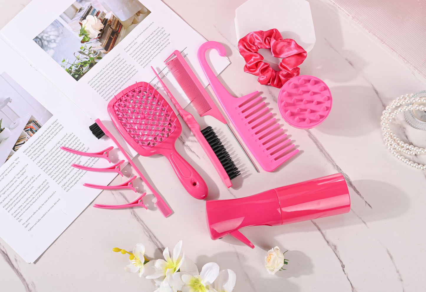 12 Pcs Hair Brush Set, 3 Pieces Slick Back Hair Brushes for Toddlers, Women, Detangling Brush for Wet Dry Curly Hair, Edge Bristles Wide Tooth Rat Tail Combs for Baby Girls (Rose Red)