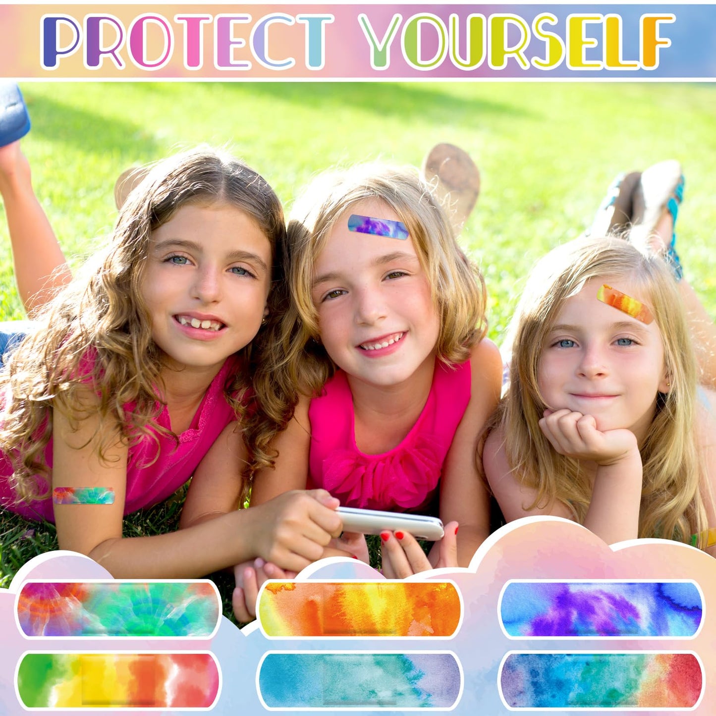 120 Pcs Kids Bandages Bulk Cute Cartoon Flexible Bandages Waterproof Breathable Bandages Strip Protect Cuts and Scrapes for Girls Boys Children Toddlers (Tie Dye Style)