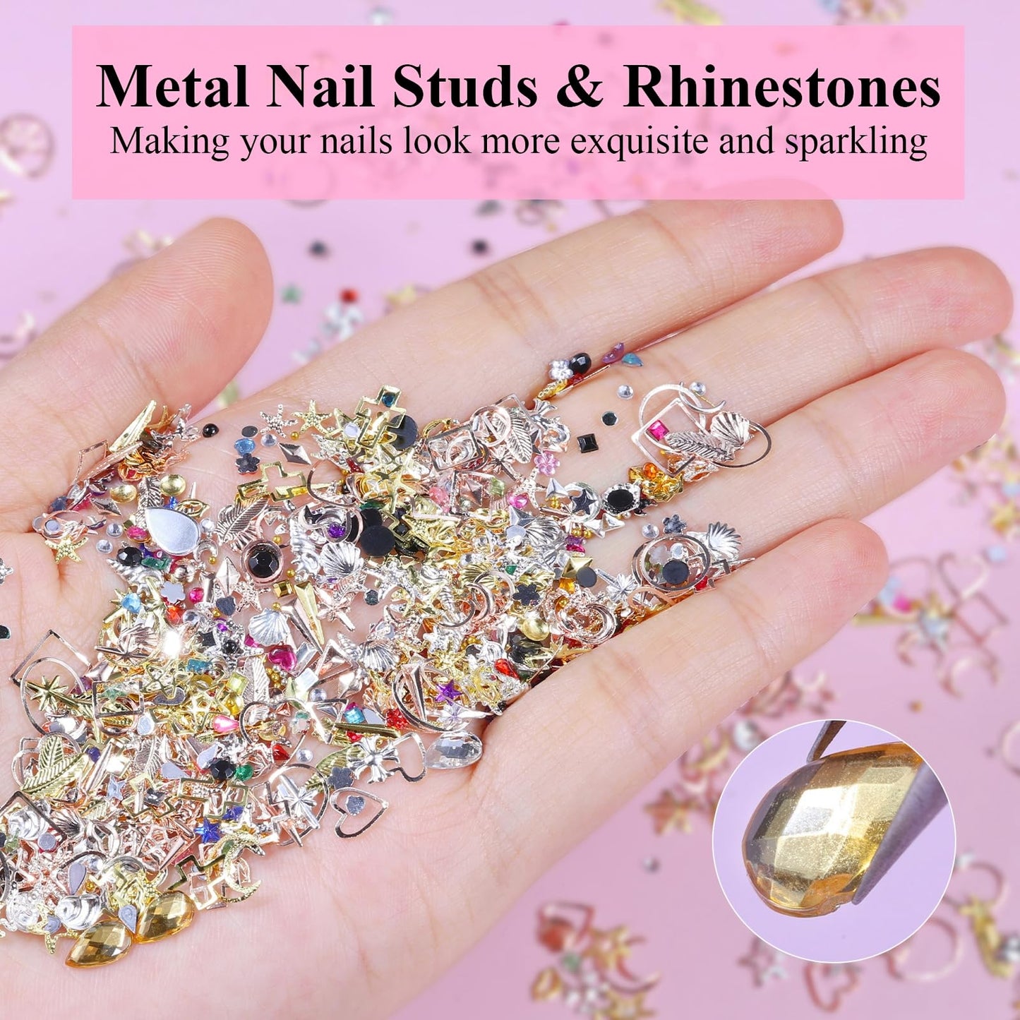 editTime 5 Boxes Gold Silver Metal Nail 3D Punk Studs Star Moon Heart Triangle Square Rivet Gems Nail Art Jewels with a Curved Tweezers and a Nail Brush (gold & rose gold & silver)