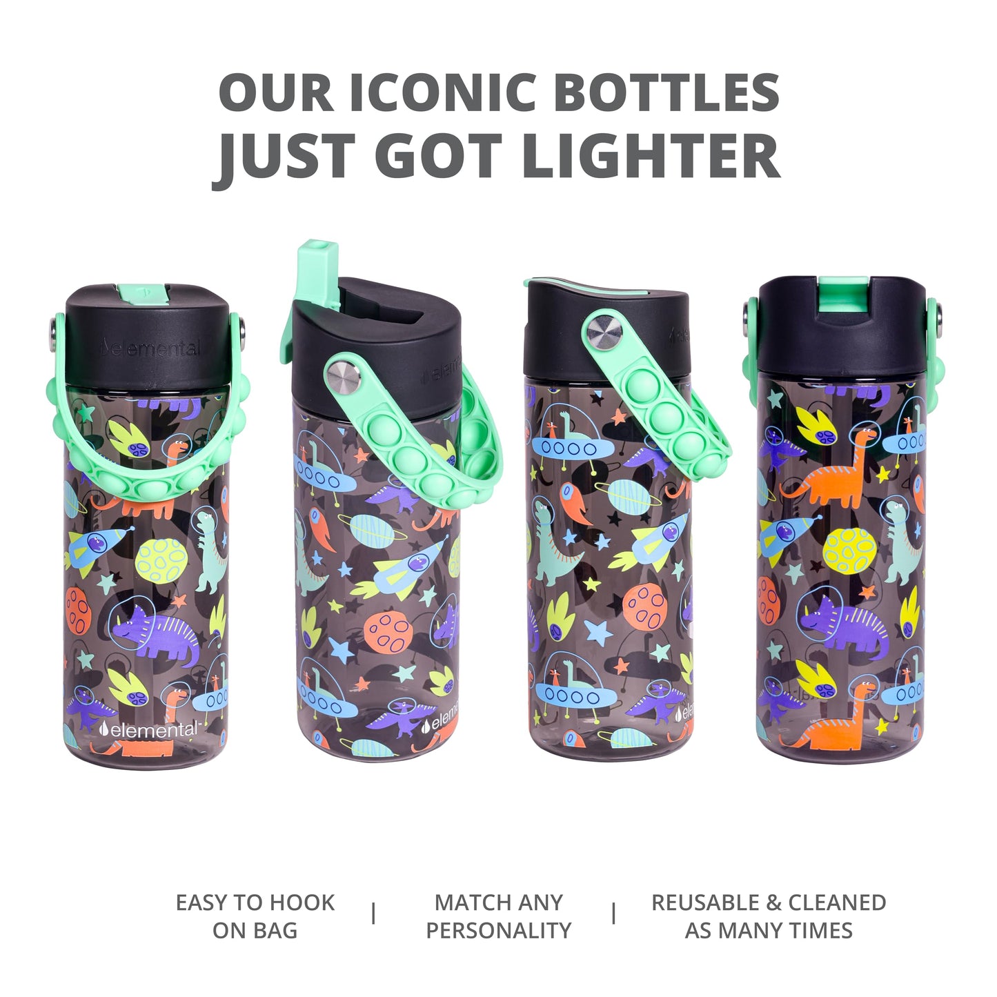 Elemental Leak Proof Water Bottles for Kids - Splash Kids Water Bottle for School with Fun Fidget Pop-it Handle - BPA Free Tritan Plastic Reusable Water Bottle with Straw - Space Dinosaur - 18oz